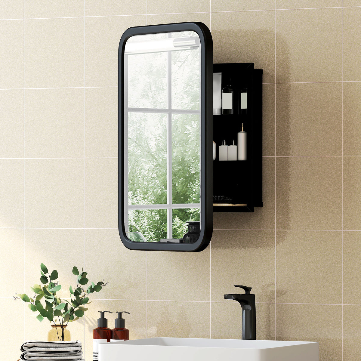 HOMCOM Bathroom Wall Cabinet with Tempered Mirror Metal Bathroom Mirror Cabinet with 3 Shelves Black