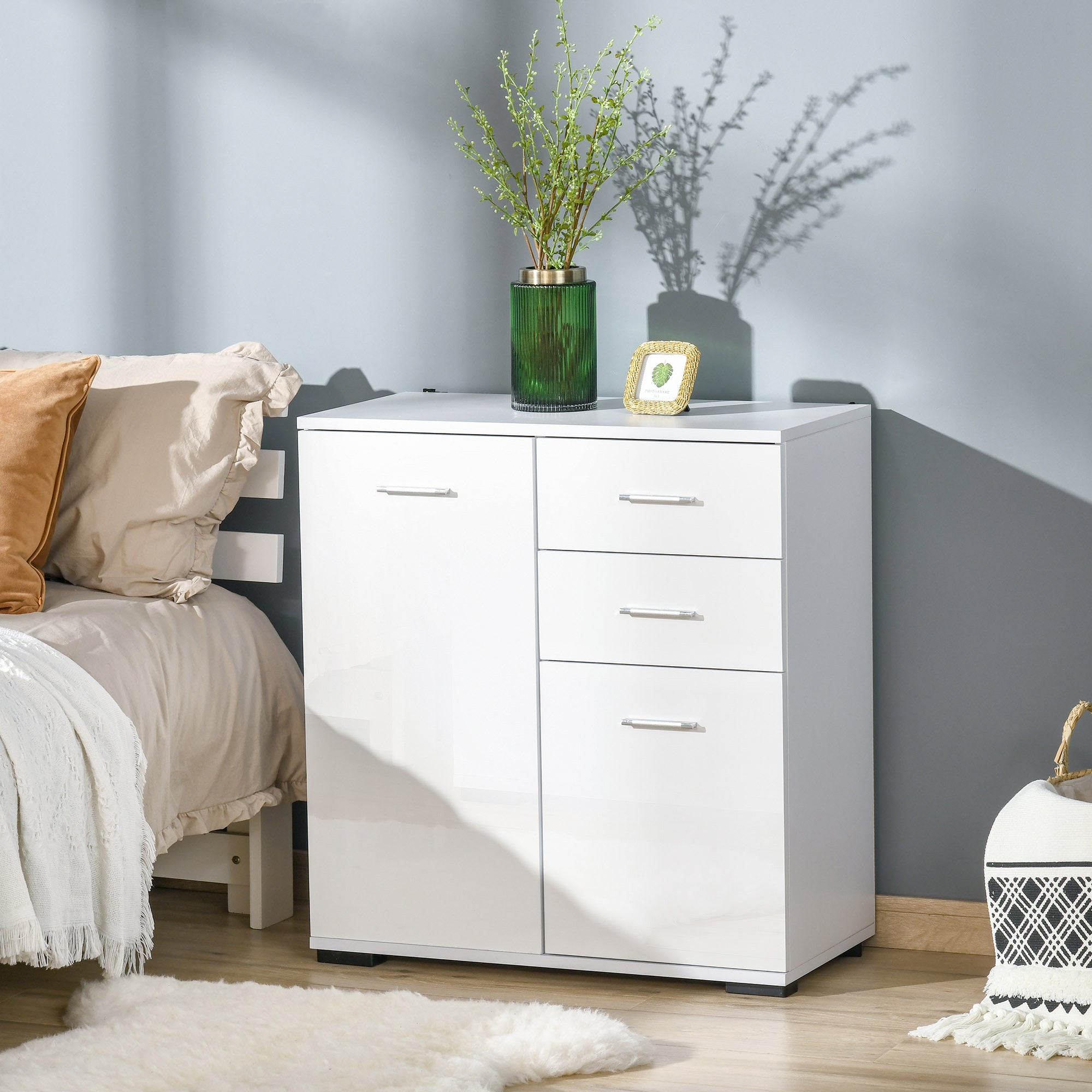 HOMCOM Modern High Gloss Sideboard Storage Cabinet Table Chest of Drawers for Bedroom Living Room Storage Furniture, White - North Peak Garden Furniture