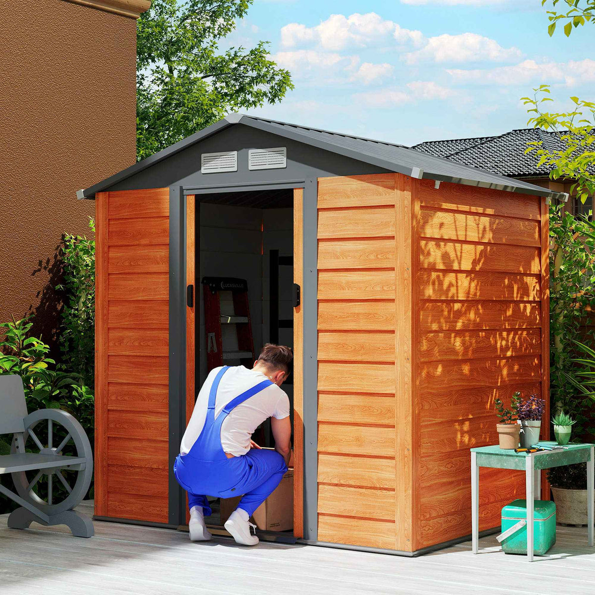 Outsunny 6.5 x 5ft Garden Shed, Metal Storage Tool House Gardening Tool Storage with Shutter Vents, Brown