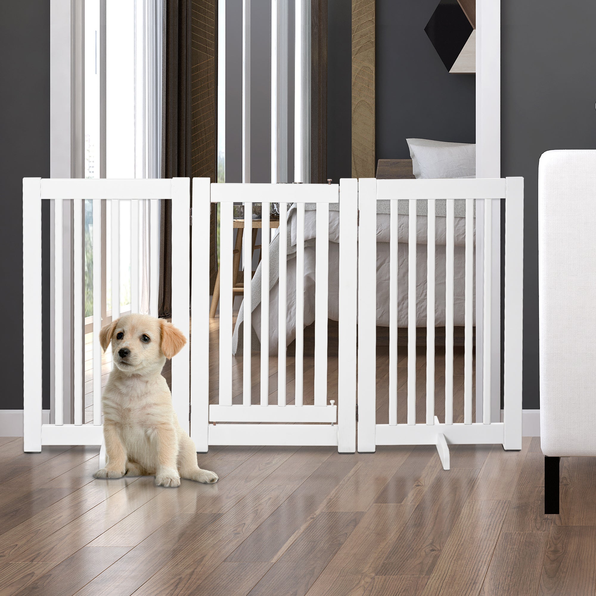 PawHutPet Gates MDF Freestanding Expandable Dog Gate Wood Doorway Pet Barrier Fence w/ Latched Door White - North Peak Garden Furniture