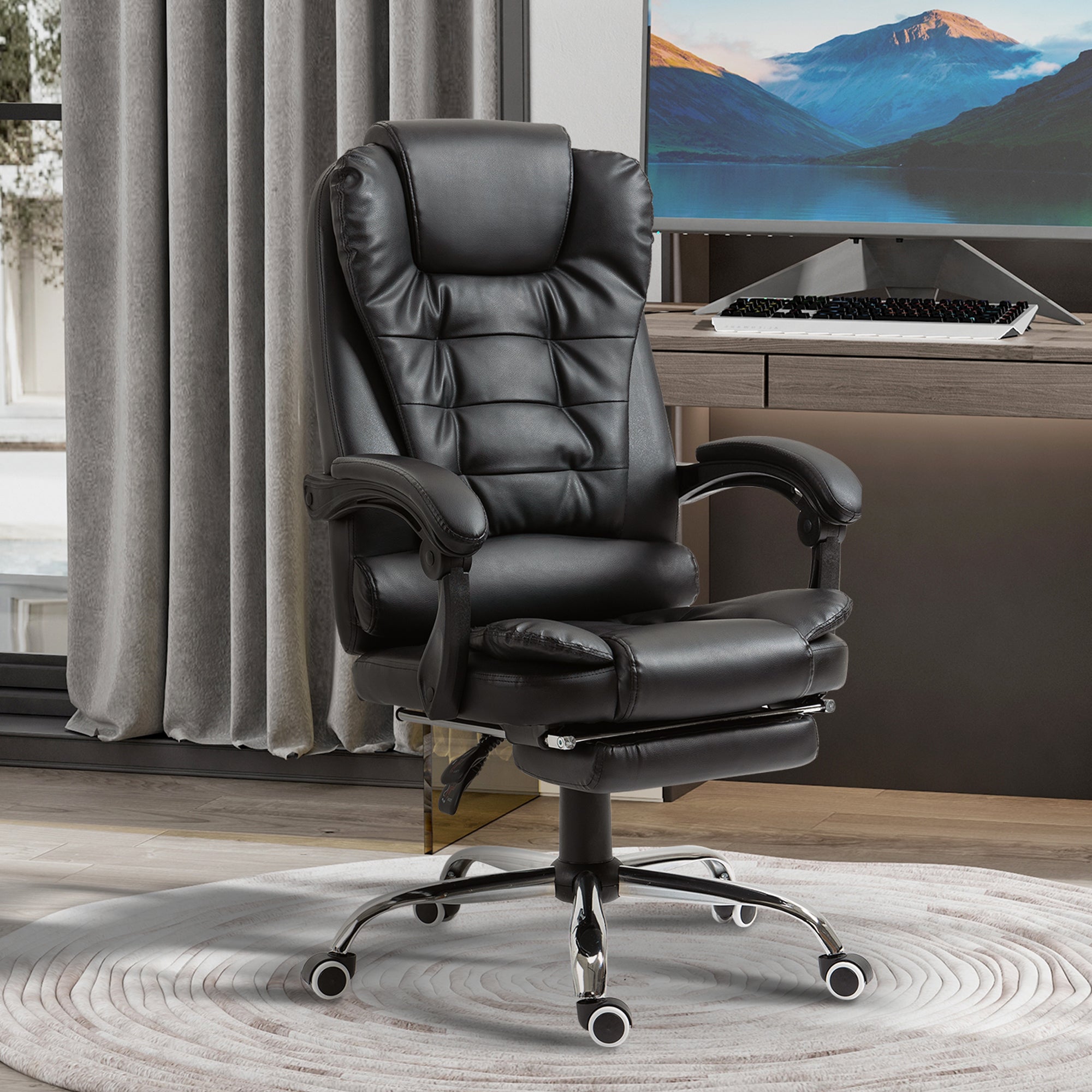 HOMCOM Executive Office Chair, PU Leather Home Office Chair with Swivel Wheels, Reclining Backrest, Retractable Footrest, Black - North Peak Garden Furniture