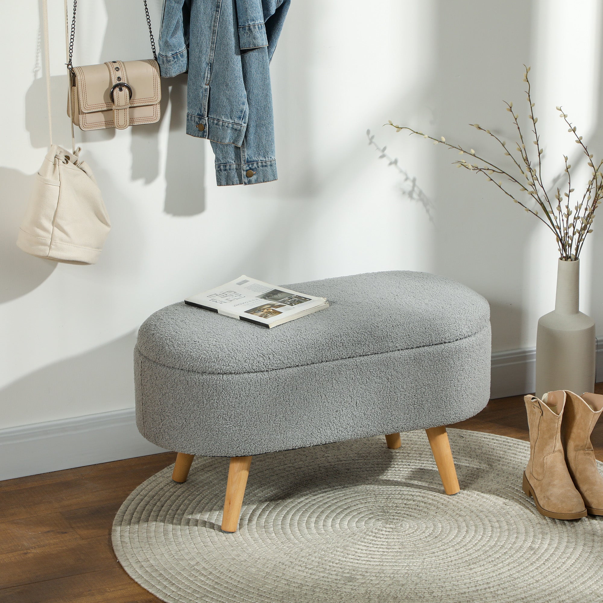 HOMCOM Teddy Fleece Storage Ottoman - Grey - North Peak Garden Furniture