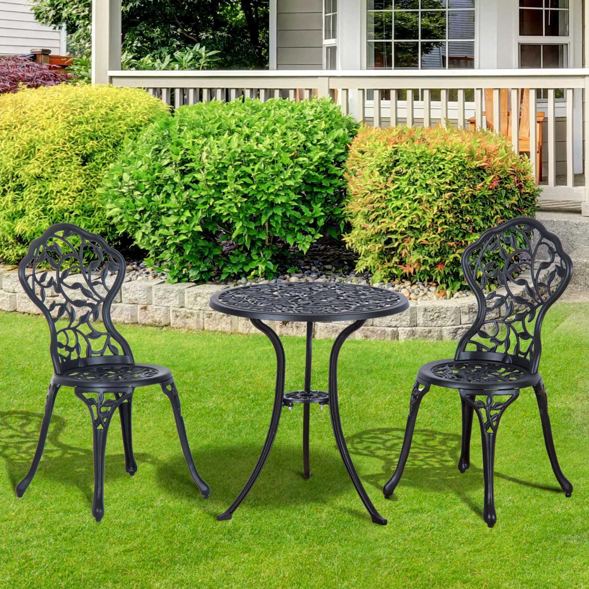 Outsunny 3 Pcs Aluminium Bistro Set Garden Furniture Dining Table Chairs Antique Outdoor Seat Patio Seater Black - North Peak Garden Furniture