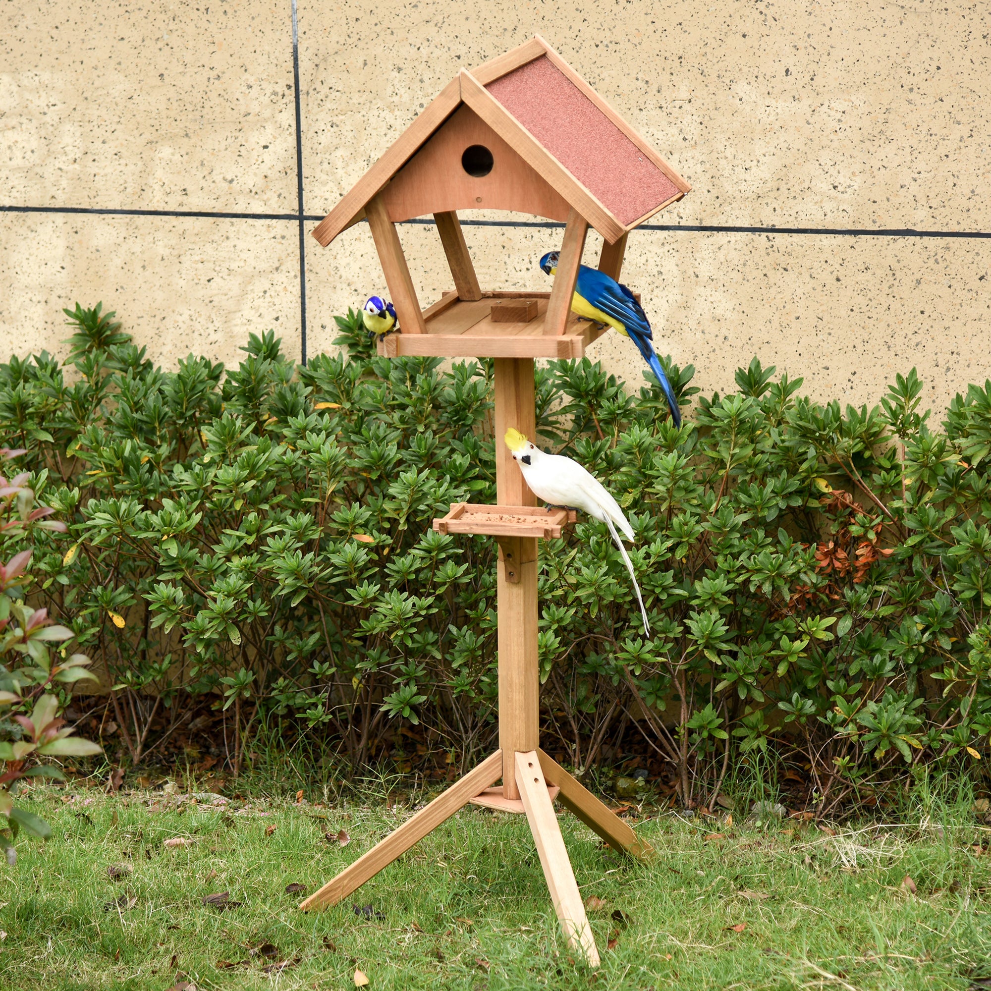 PawHut Wooden Bird Table Freestanding Feeding Station for Garden Outside ,139H cm, Natural - North Peak Garden Furniture