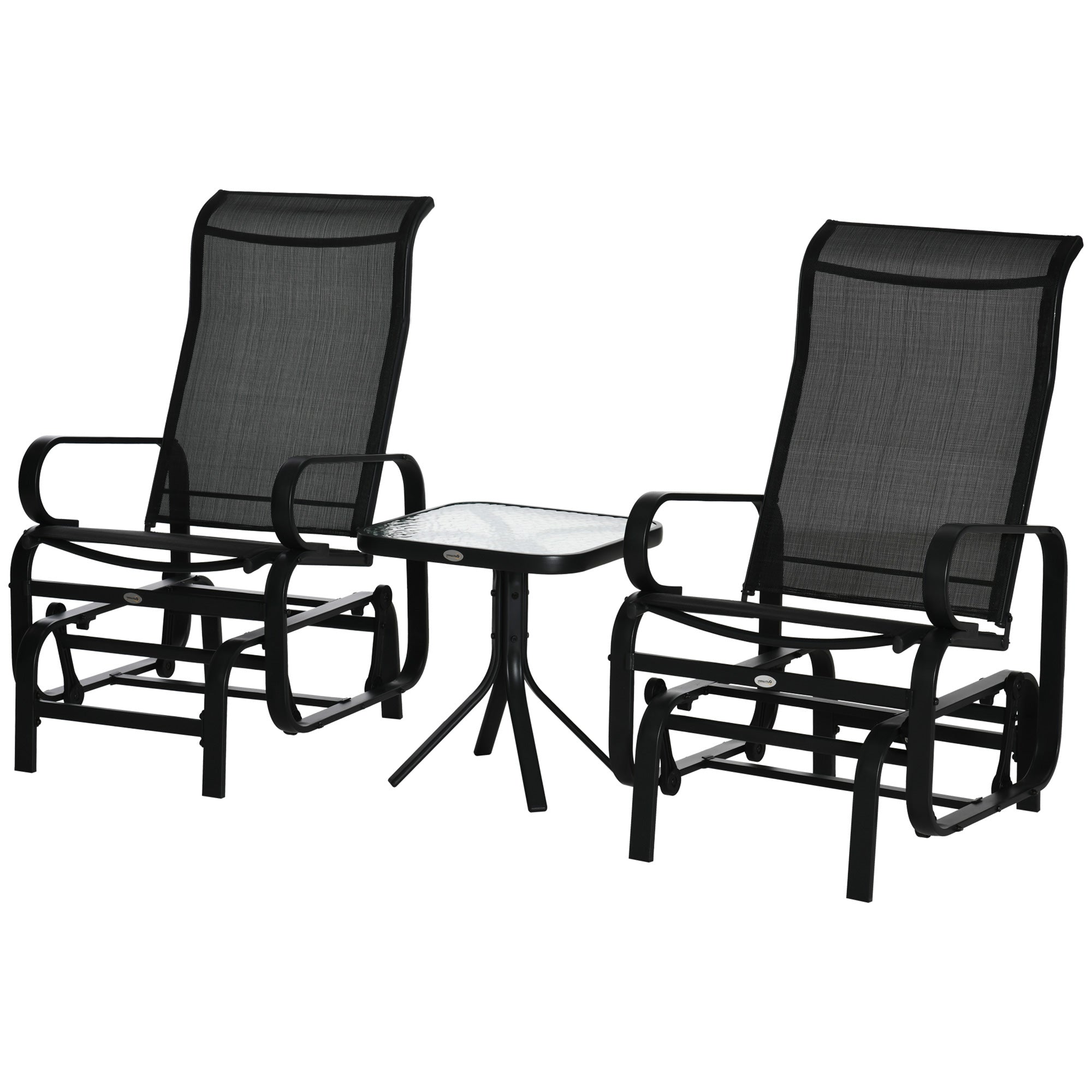 Outsunny 3 Pieces Garden Gliding Chair Set, Metal Frame 2 Single Armchair Swing Seater and 1 Glass Top Coffee Table w/ Breath Mesh Fabric Seat, Black - North Peak Garden Furniture