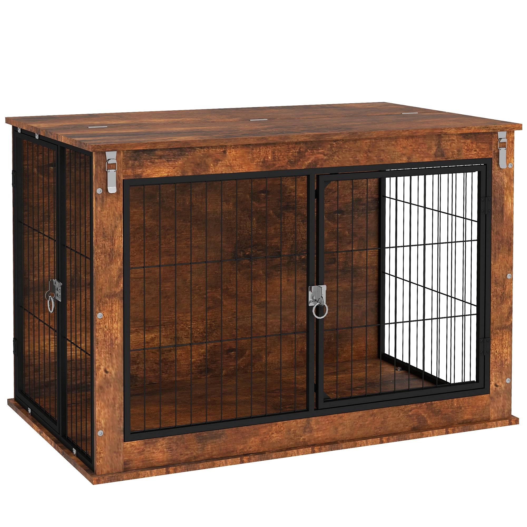 PawHut Dog Crate Furniture with Flip-up Top, 2 Doors, for Large Dogs, 98 x 60 x 65.5cm, Rustic Brown - North Peak Garden Furniture