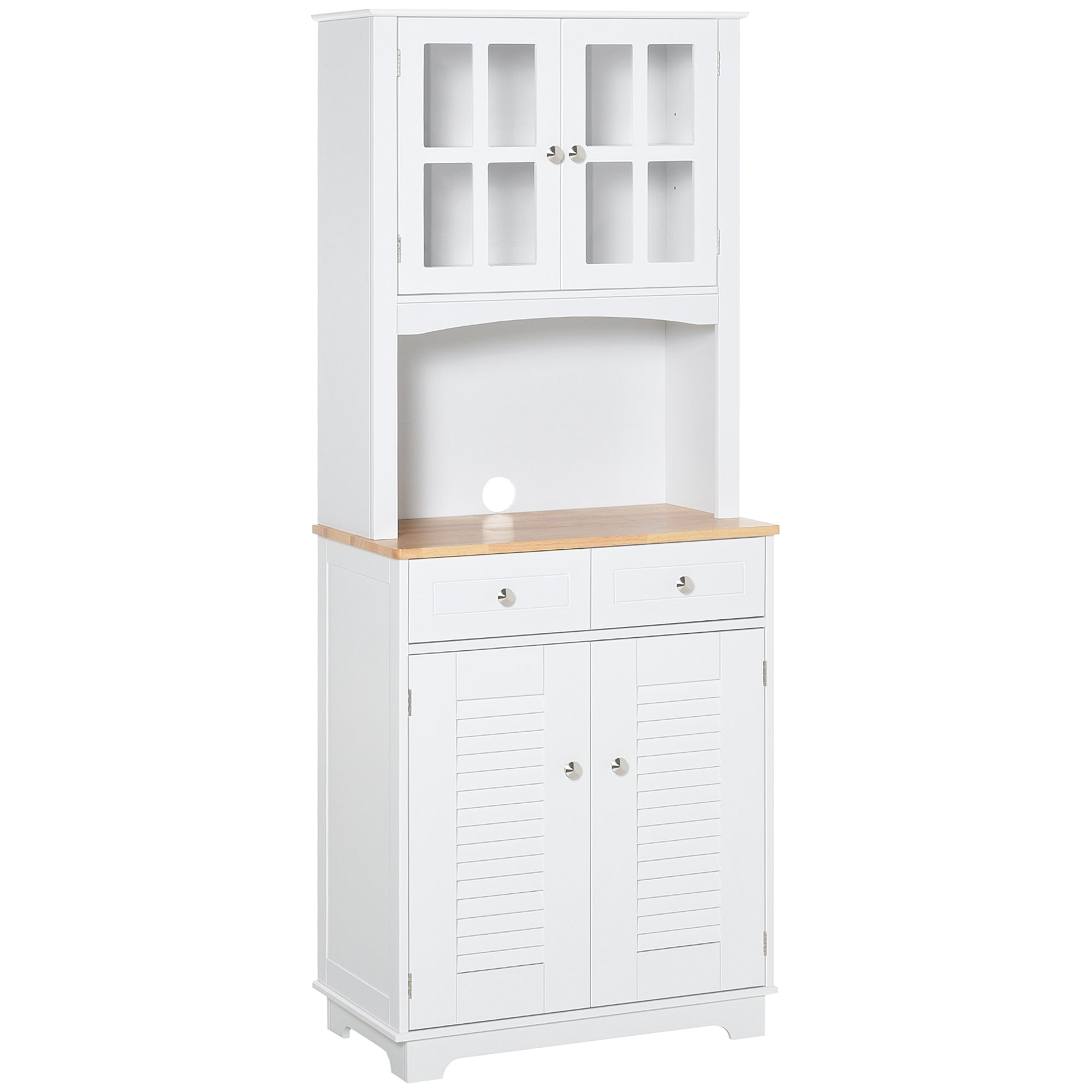 HOMCOM Modern Kitchen Cupboard, Louvered Kitchen Storage Cabinet with Framed Glass Doors and 2 Drawers, White - North Peak Garden Furniture