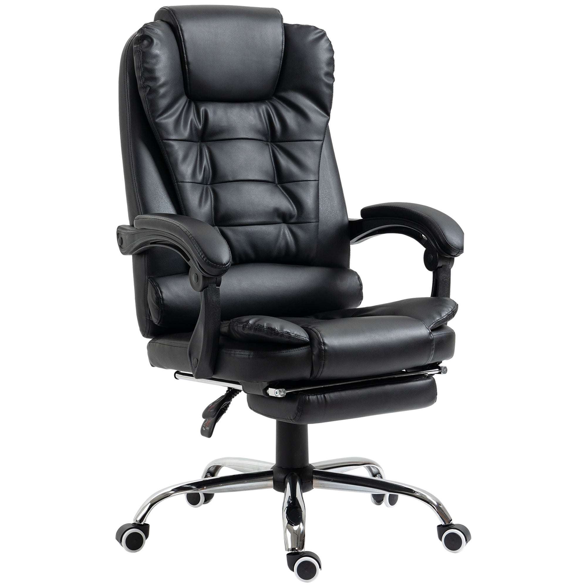 HOMCOM Executive Office Chair, PU Leather Home Office Chair with Swivel Wheels, Reclining Backrest, Retractable Footrest, Black - North Peak Garden Furniture