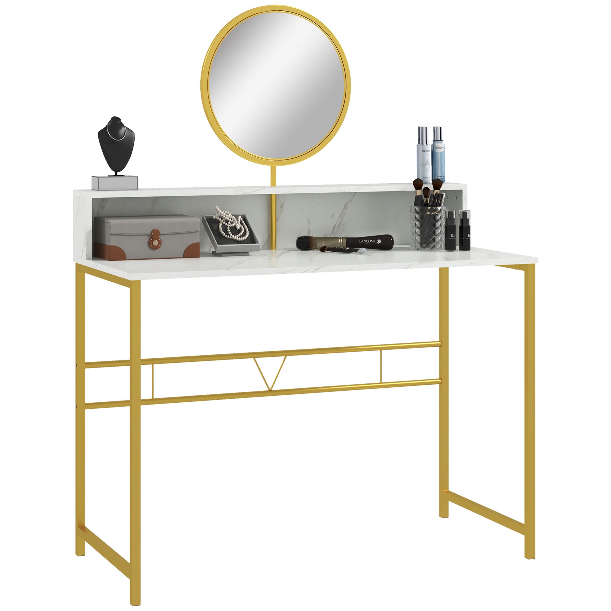 HOMCOM Modern Dressing Table with Round Mirror, Vanity Makeup Desk with Open Storage, Faux Marble Texture and Steel Frame for Bedroom, White - North Peak Garden Furniture