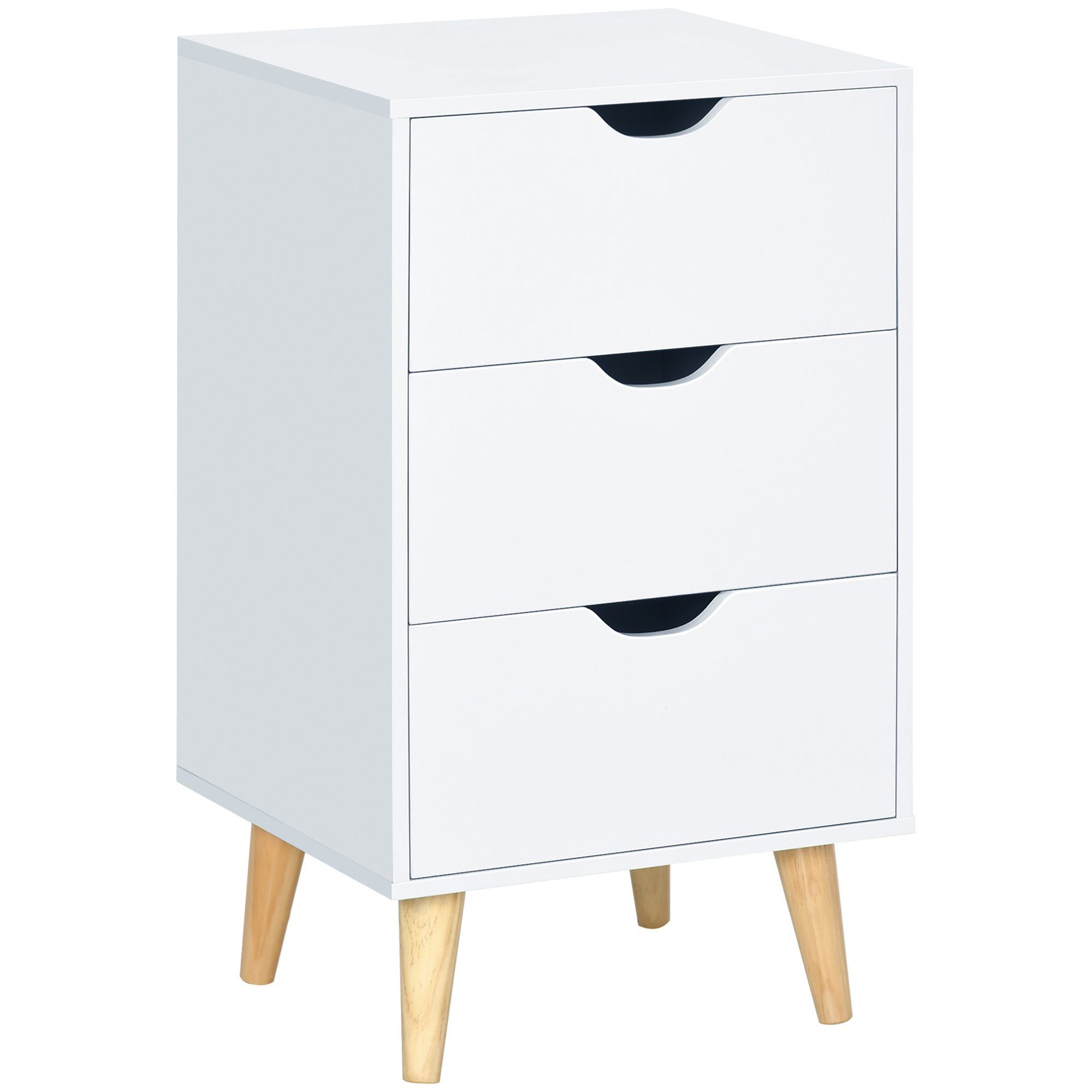 HOMCOM Bedside Table, Bedside Cabinet with 3 Drawers, Small Side Table with Wood Legs and Cut-out Handles for Bedroom, Cream White - North Peak Garden Furniture