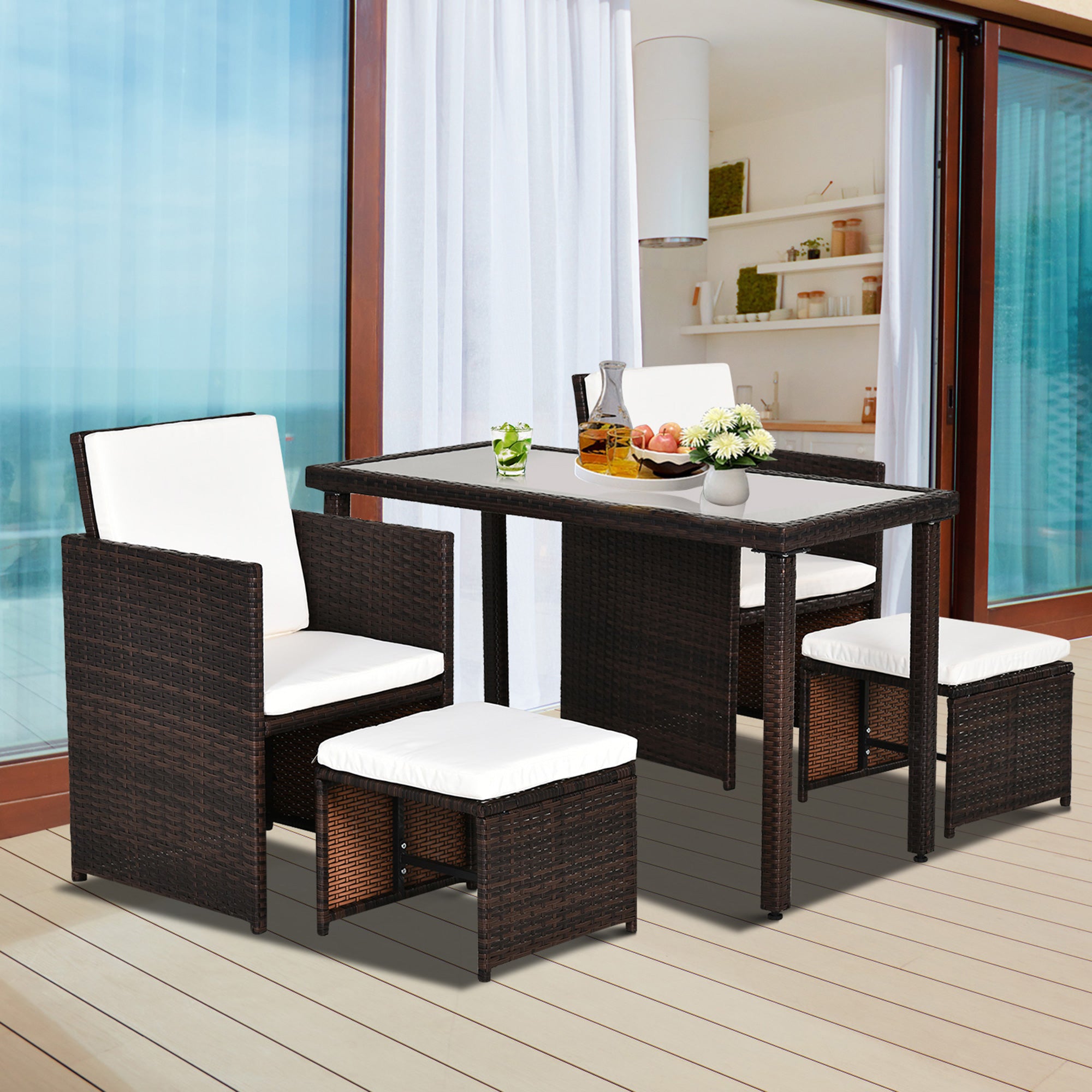 Outsunny 2 Seater Rattan Cube Garden Furniture Set, Rattan Dining Set with Cushions, Outdoor Dining Table and Chairs with 2 Armchairs, 2 Stools, Rectangular Glass Top Table for Patio, Balcony, Brown - North Peak Garden Furniture