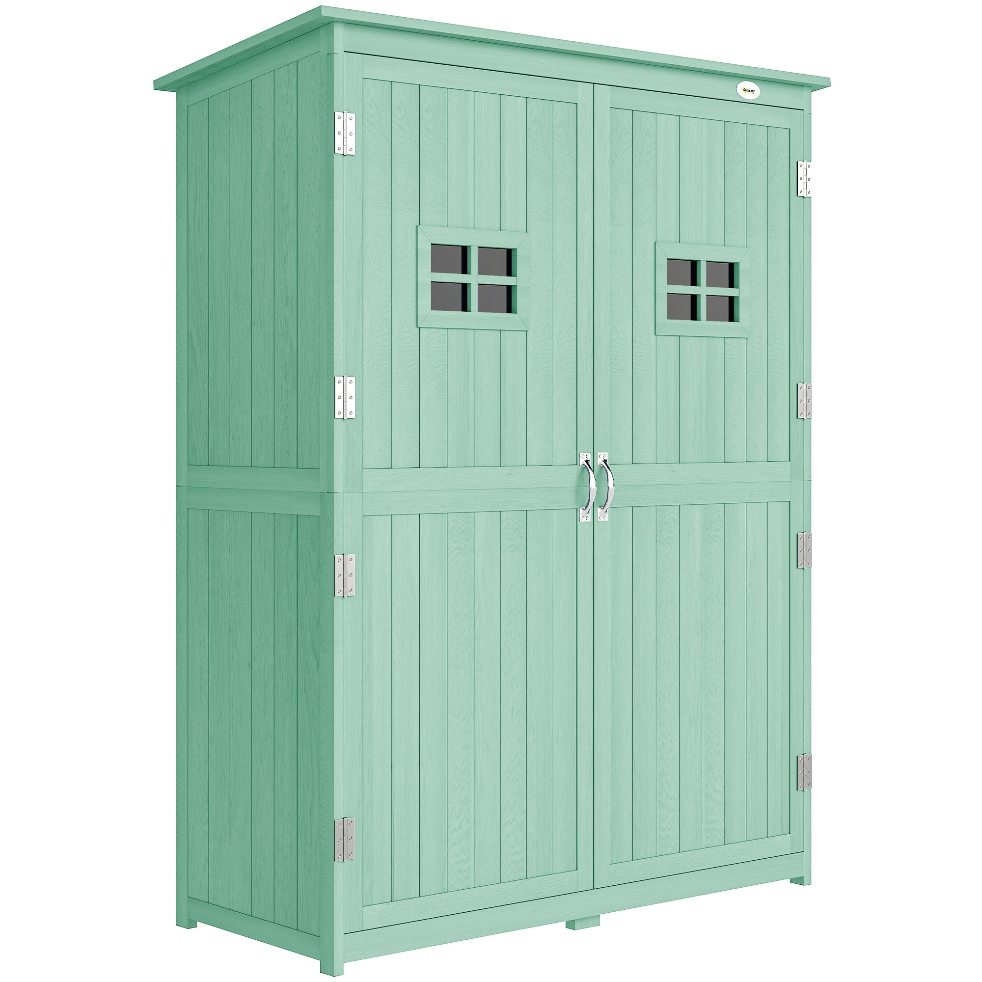 Outsunny Wooden Garden Shed with Two Windows, Tool Storage Cabinet, Outdoor Double Door organiser 127.5L x 50W x 164H cm, Green