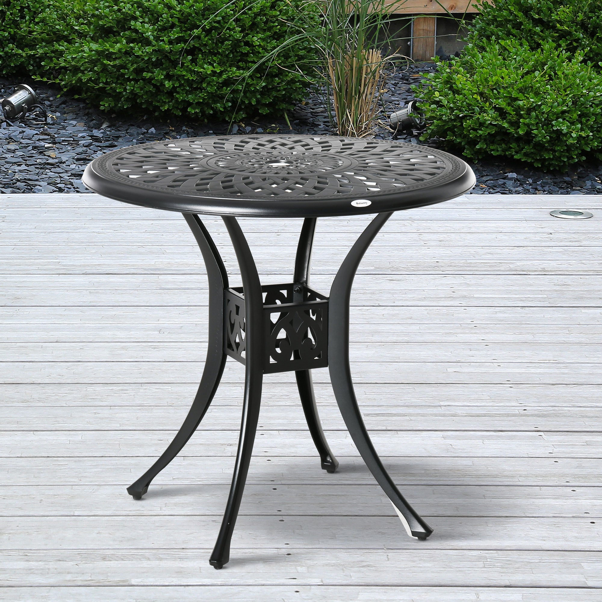 Outsunny 78cm Round Garden Dining Table with Parasol Hole Antique Cast Aluminium Outdoor Table Only, Black - North Peak Garden Furniture