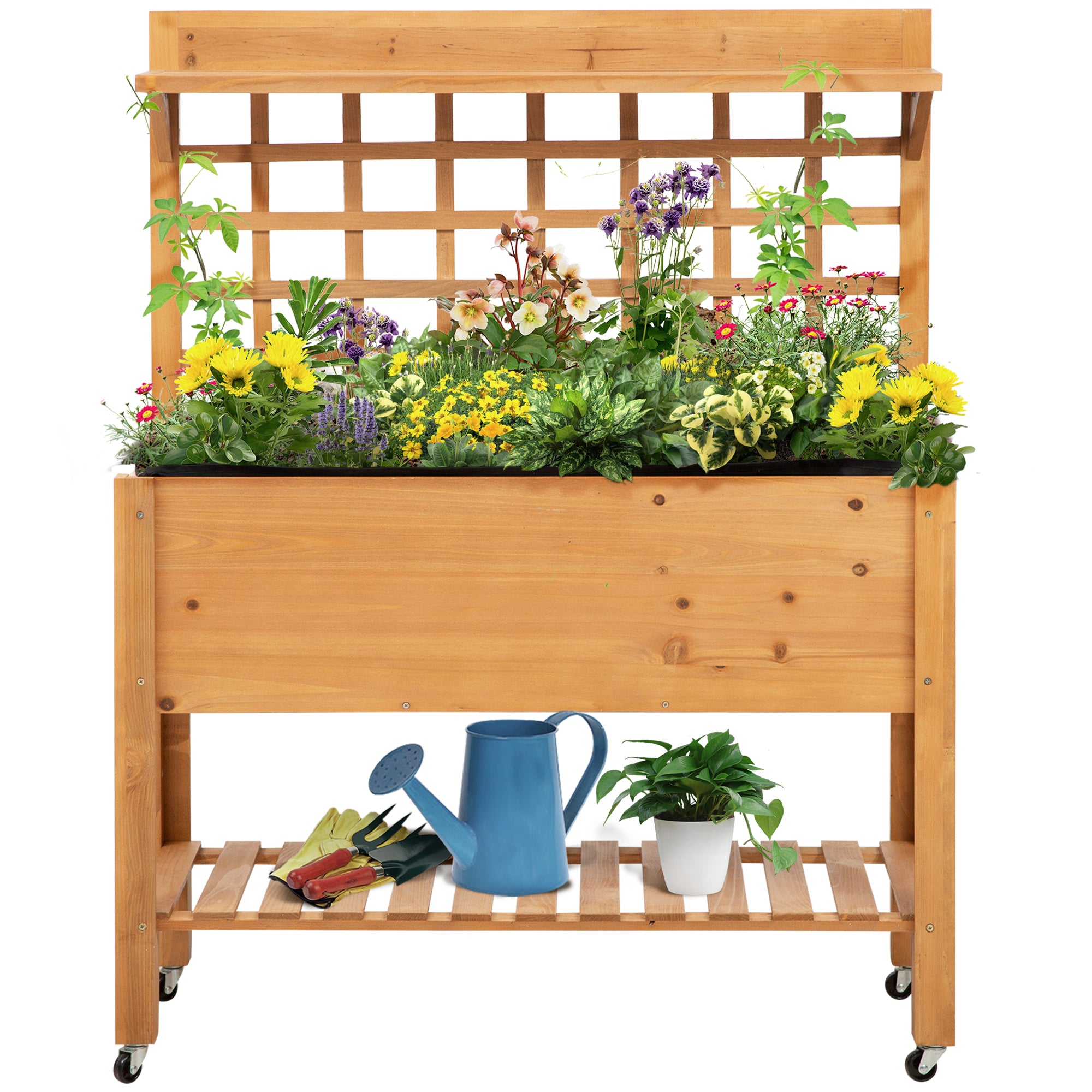 Outsunny Wooden Planter Raised Elevated Garden Bed with 2 Shelves for Vegetables Flowers - North Peak Garden Furniture