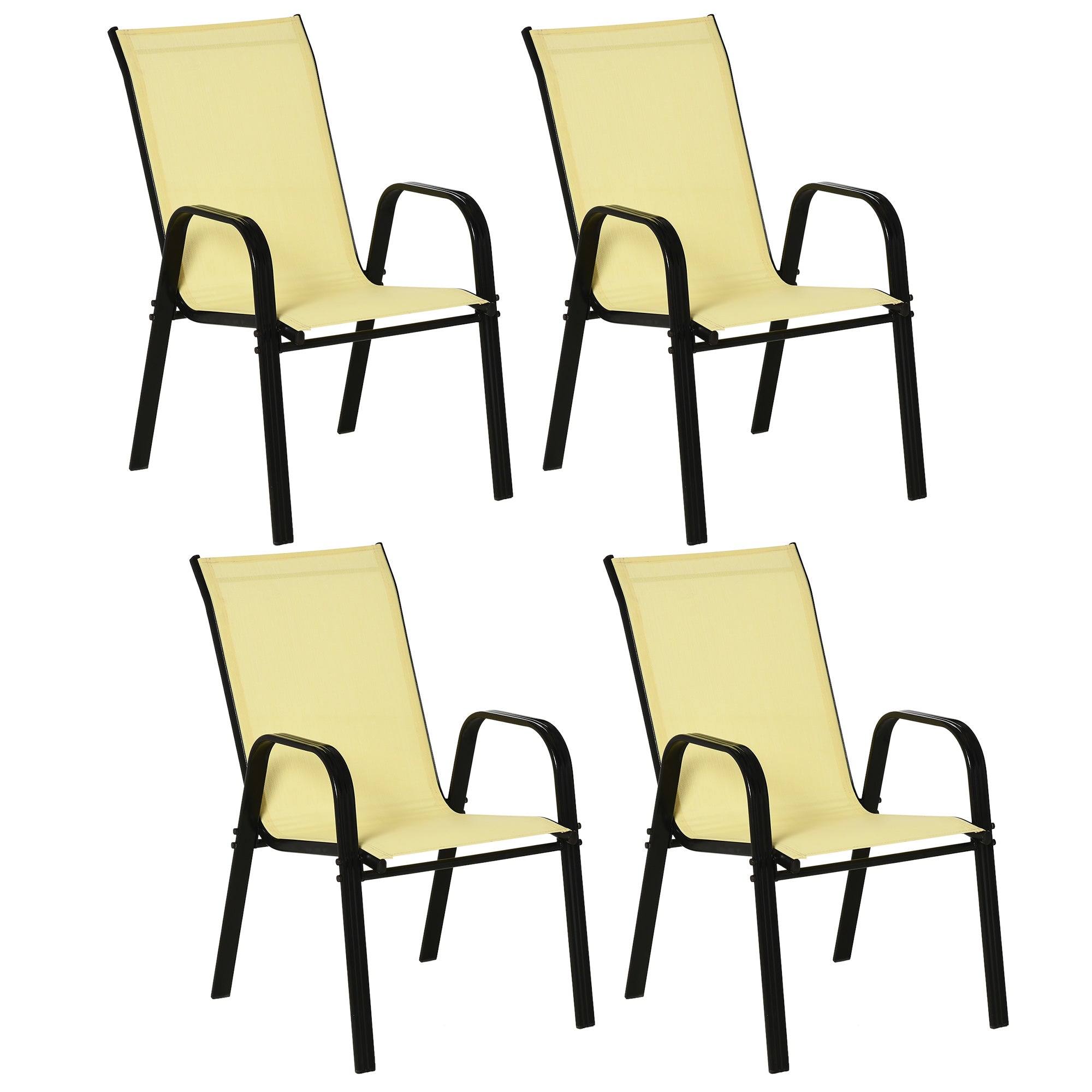 Outsunny 4 Pieces Garden Chairs, Stackable Outdoor Chairs with High Backrest and Armrest, Breathable Mesh Fabric Dining Chair Set of 4, Beige - North Peak Garden Furniture