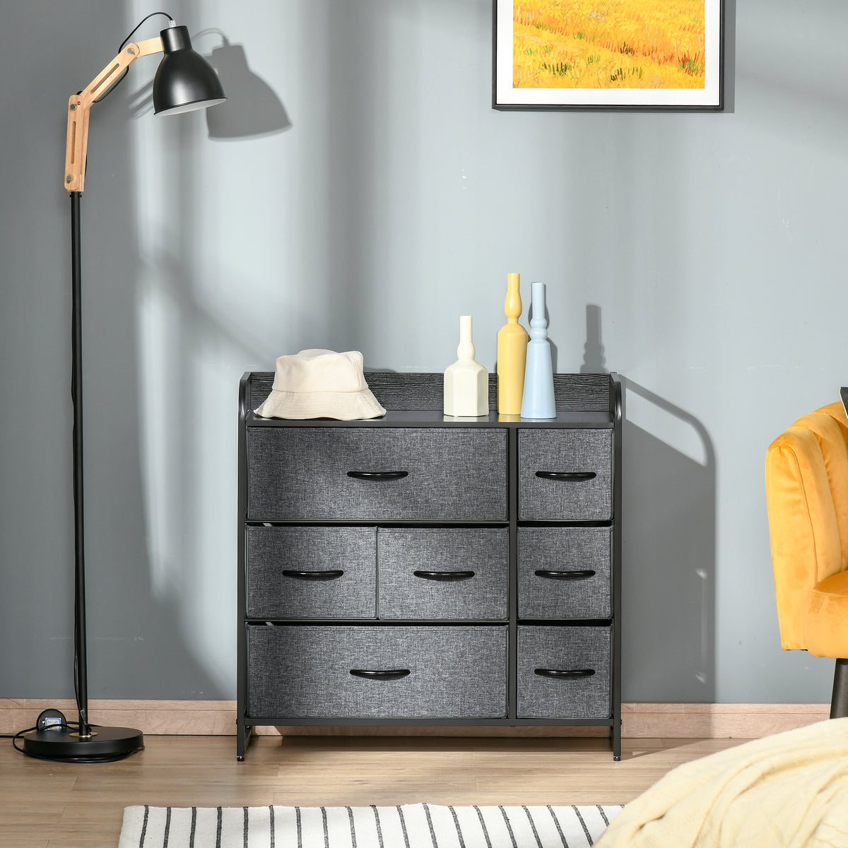 HOMCOM Chest of Drawers with 7 Foldable Drawers, 3-Tier Fabric Bedroom Dresser, Clothes Storage Unit for Bedroom, Living Room, Grey