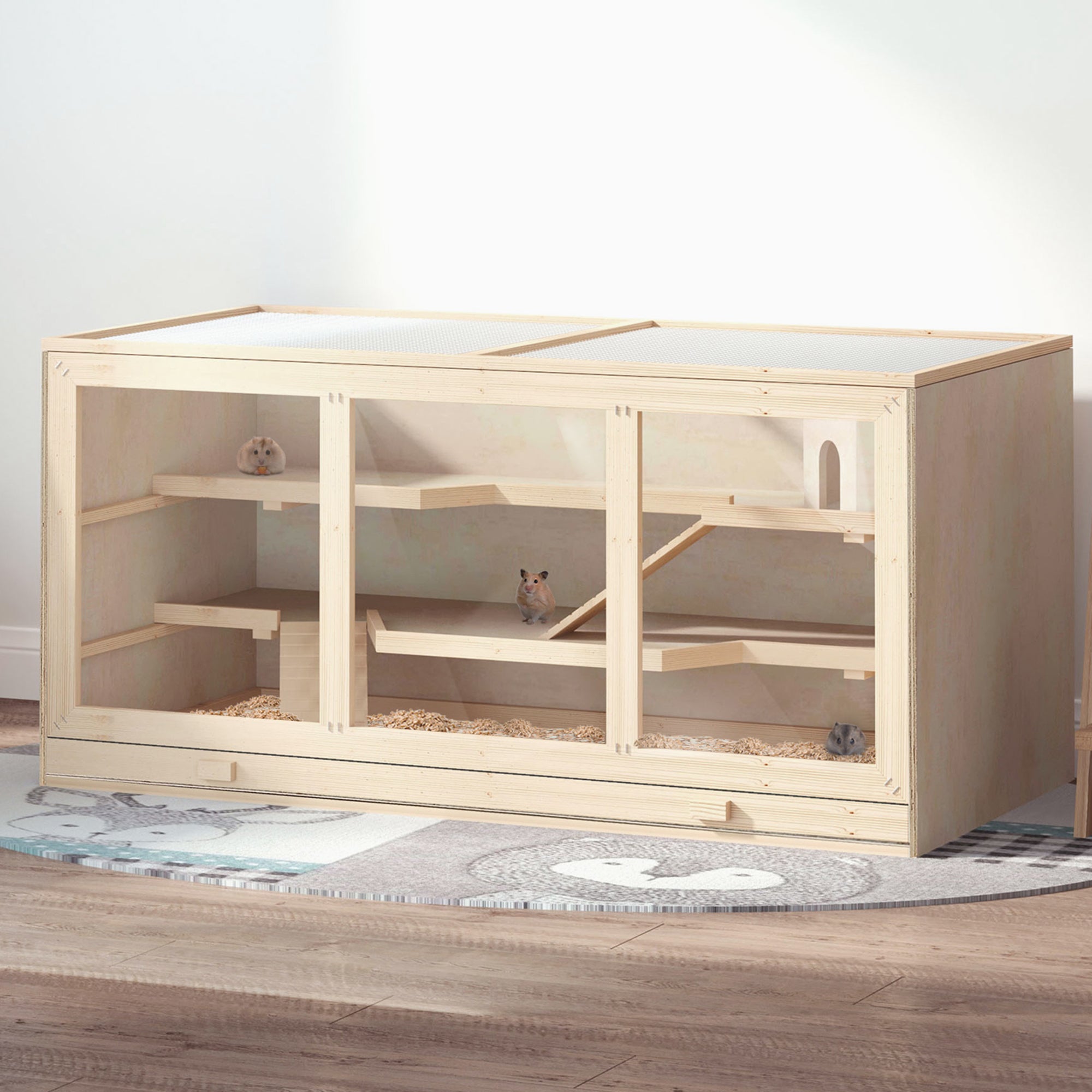 PawHut Wooden Hamster Cage, Small Animals Hutch with Tray, Openable Top, Exercise Play House Pen, 115L x 57W x 55Hcm, Natural - North Peak Garden Furniture
