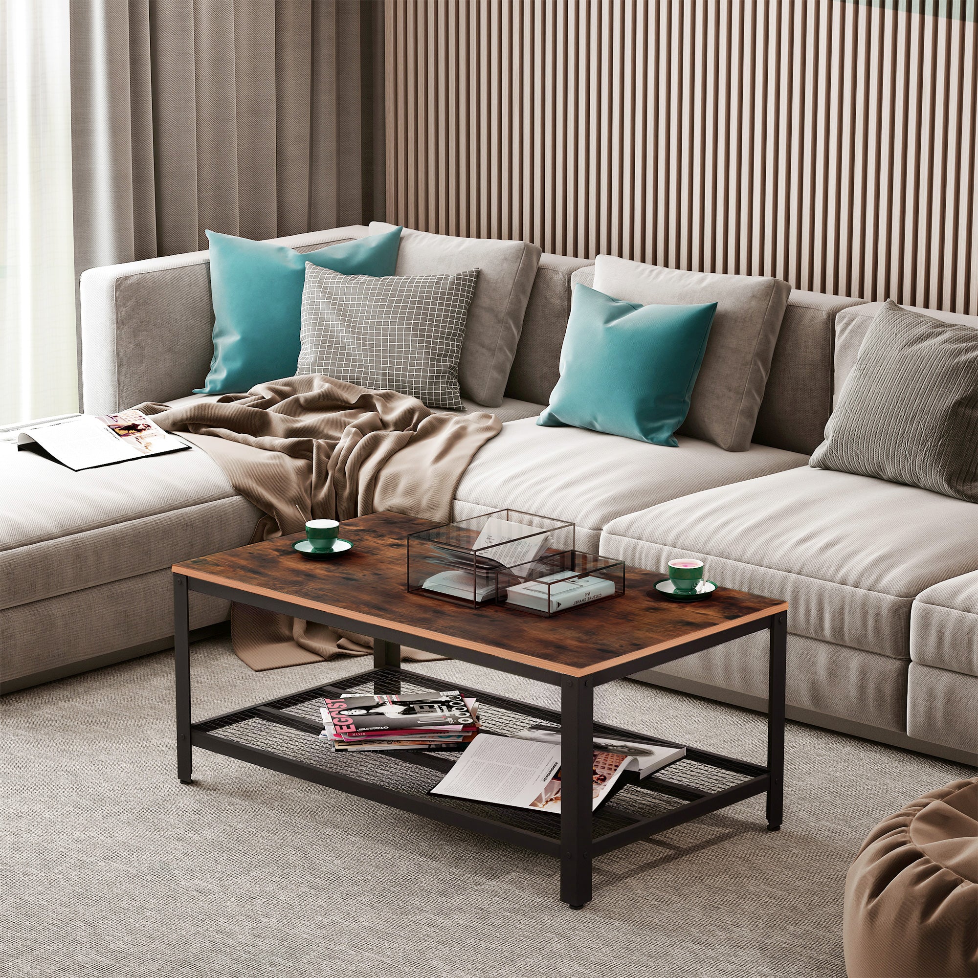 HOMCOM Coffee Table Industrial Side Table Living Room Table with Storage Shelf and Metal Frame for Home Office, 106L x 60W x 45Hcm - North Peak Garden Furniture