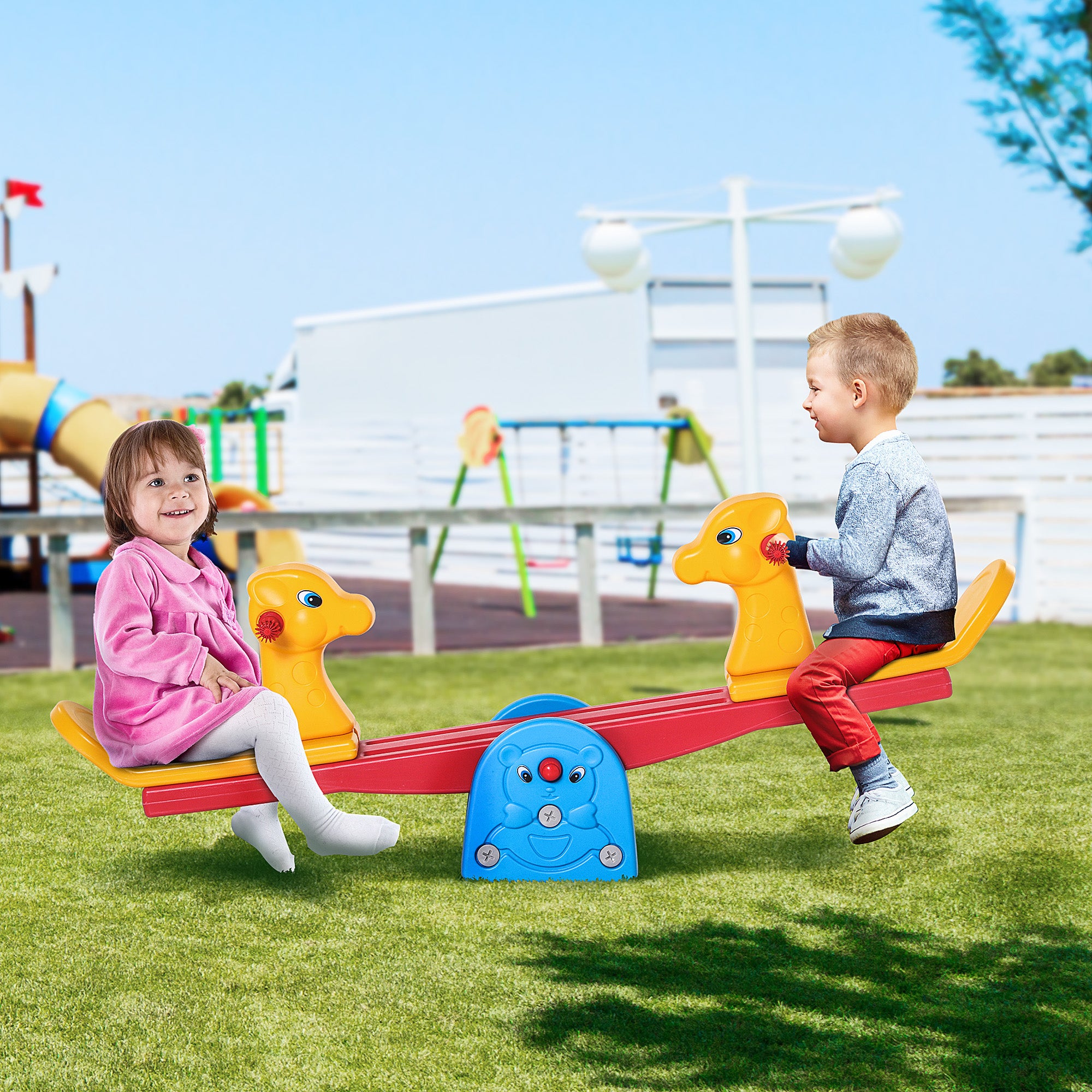 HOMCOM Kids Seesaw Safe Teeter Totter 2 Seats with Easy-Grip Handles, Safe, Indoor Outdoor Living Room Playroom Backyard Equipment, for 1-4 years old Multicolor - North Peak Garden Furniture