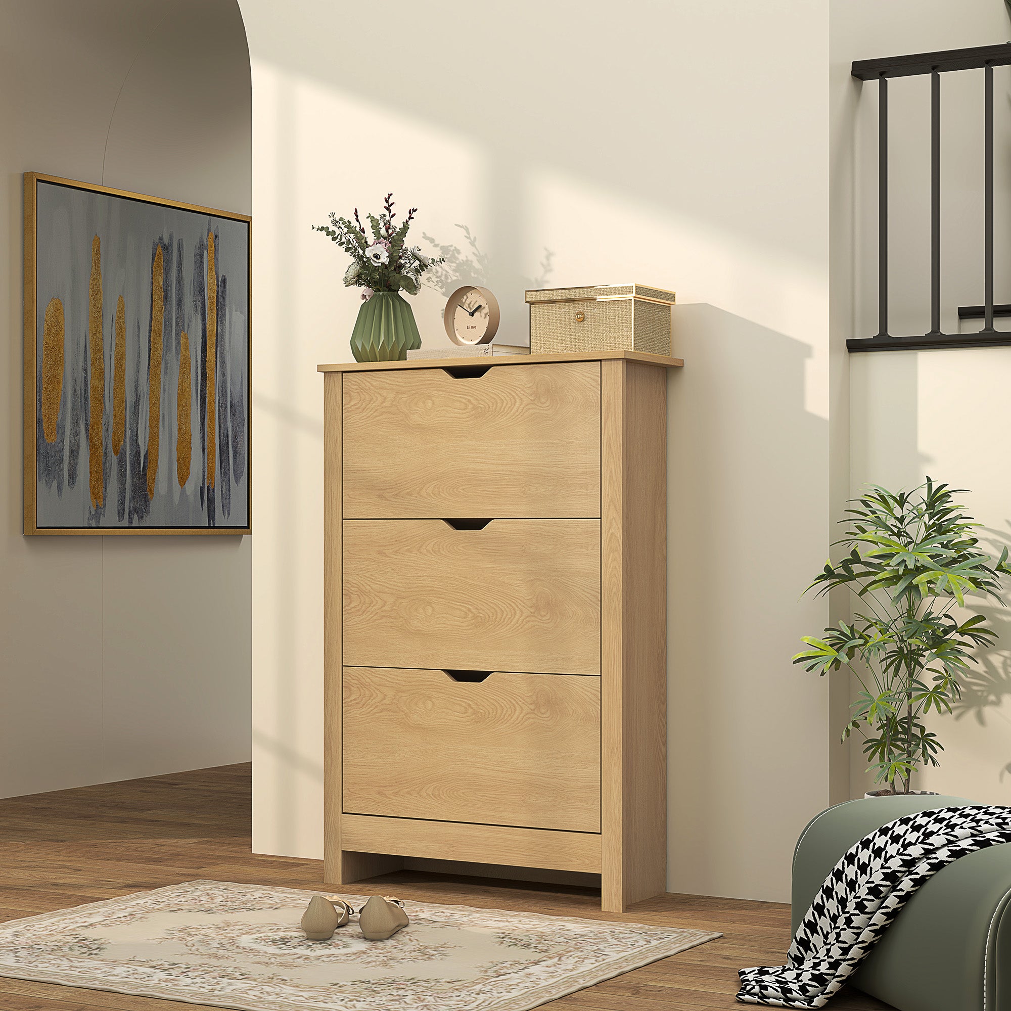 HOMCOM Slim Shoe Cabinet, Narrow Shoe Cupboard with 3 Drawers, Adjustable Shelves for 18 Pairs of Shoes, Natural Wood Finish - North Peak Garden Furniture
