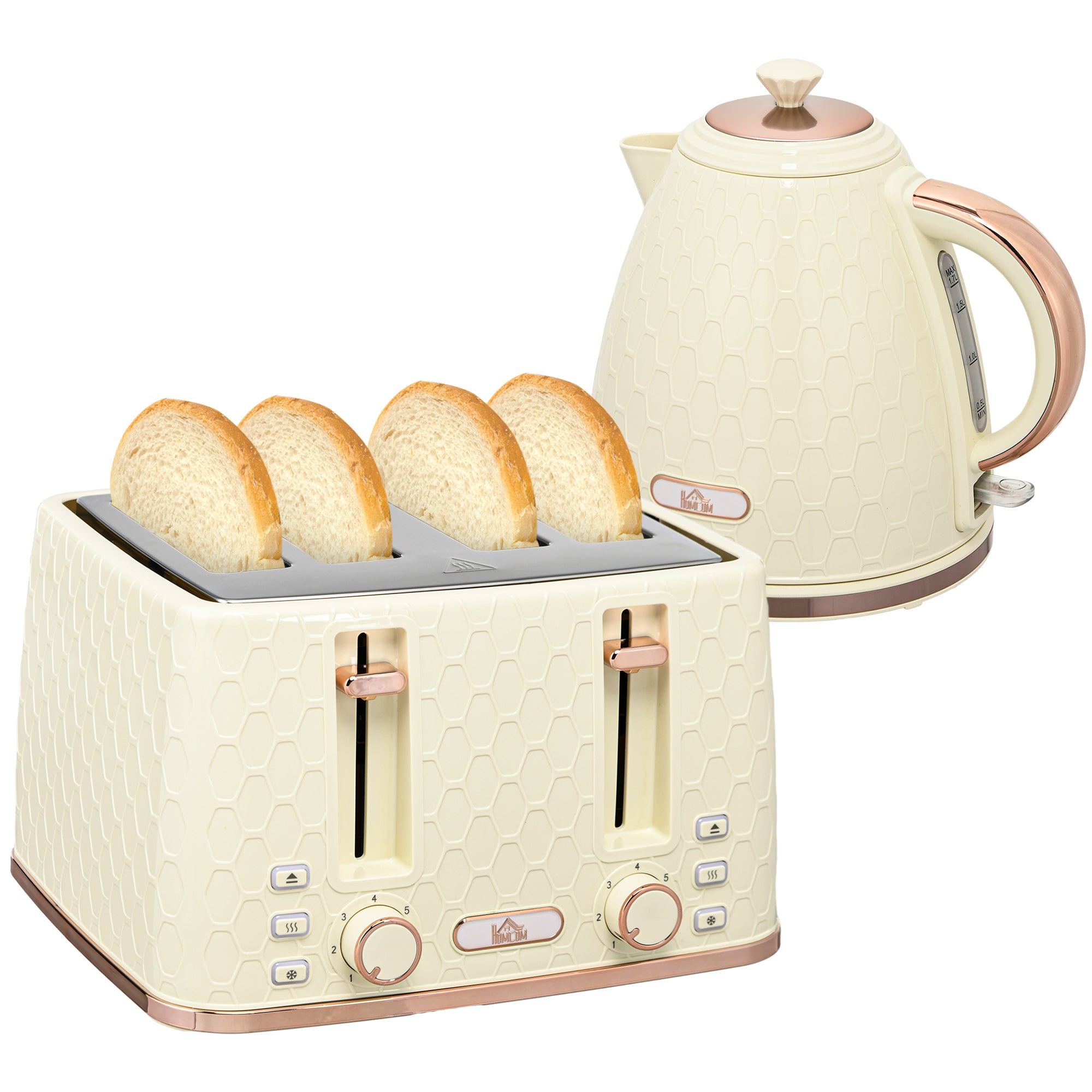 HOMCOM Kettle and Toaster Set, 1.7L 3000W Fast Boil Jug Kettle with Auto Shut Off, 4 Slice Toaster with 7 Level Browning Controls & Crumb Tray, Beige - North Peak Garden Furniture