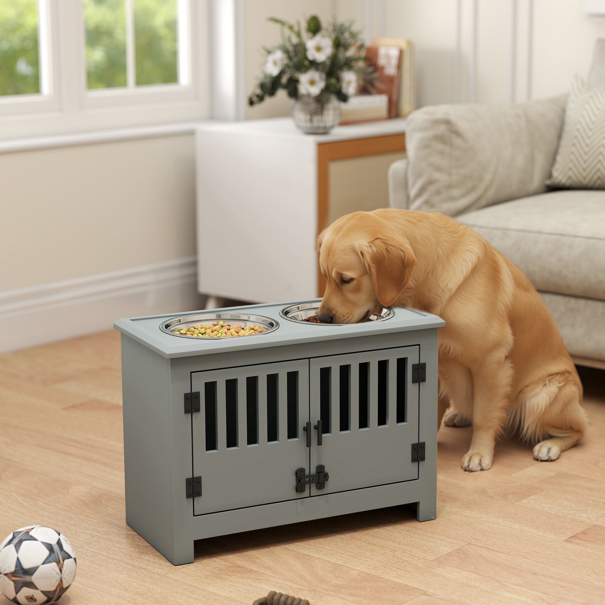 PawHut Raised Dog Bowls, Pet Feeding Station, with Storage, Food and Water Bowls, for Large Dogs - Grey
