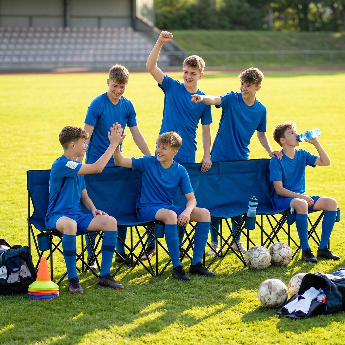 Outsunny 6 Seater Folding Bench, Outdoor Camping Chair Portable Sports Spectator Chair with Steel Frame, Cup Holder & Carry Bag, Blue