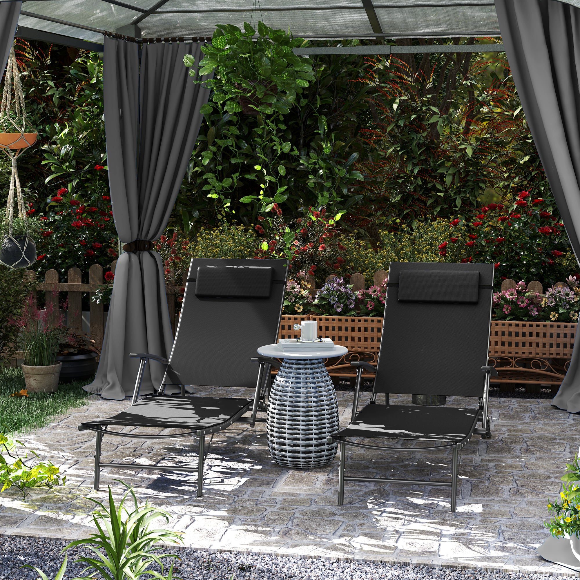 Outsunny Set of Two Adjustable Back Sun Loungers - Black - North Peak Garden Furniture