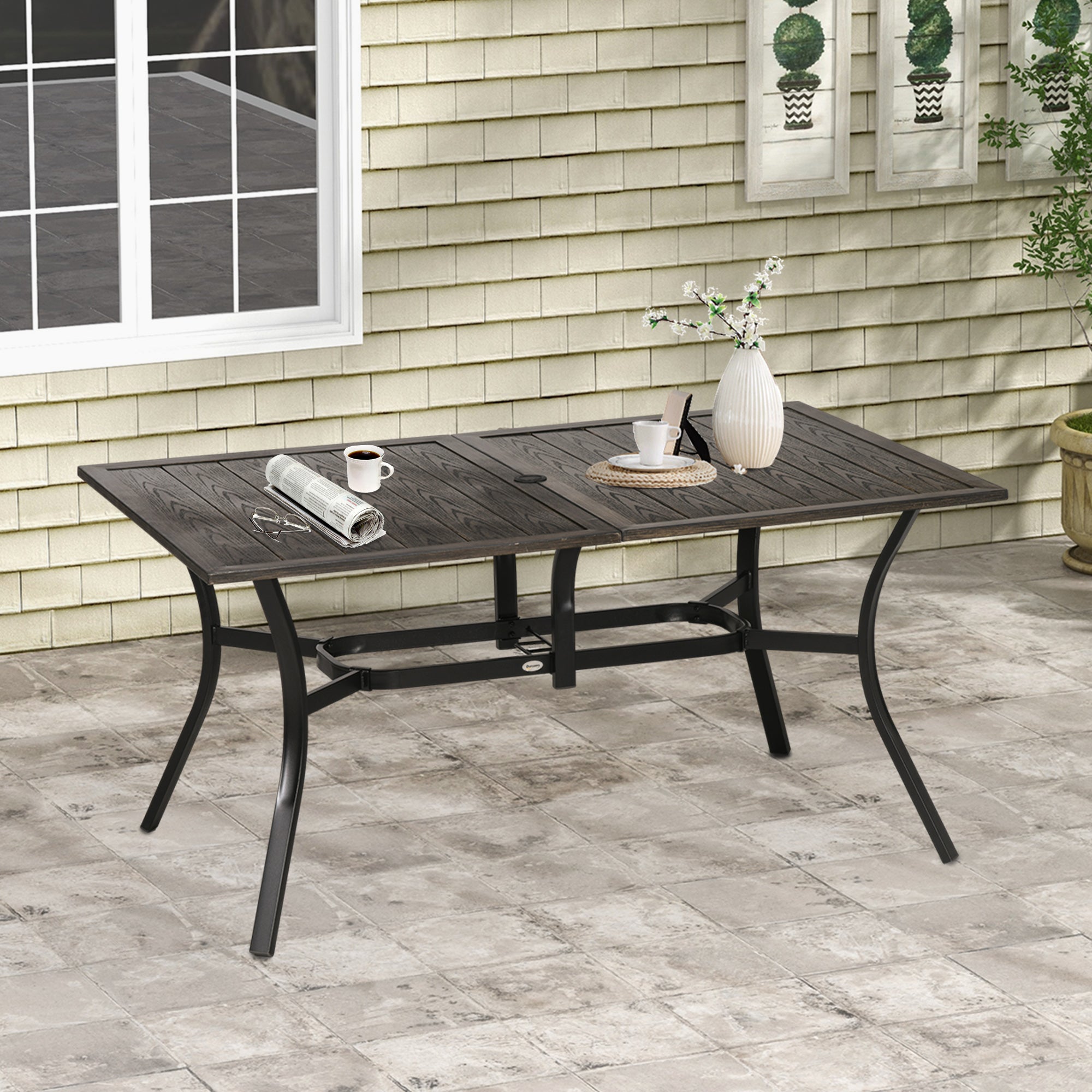 Outsunny Six-Seater Steel Garden Table, with ⌀41mm Parasol Hole - Wood-Effect - North Peak Garden Furniture