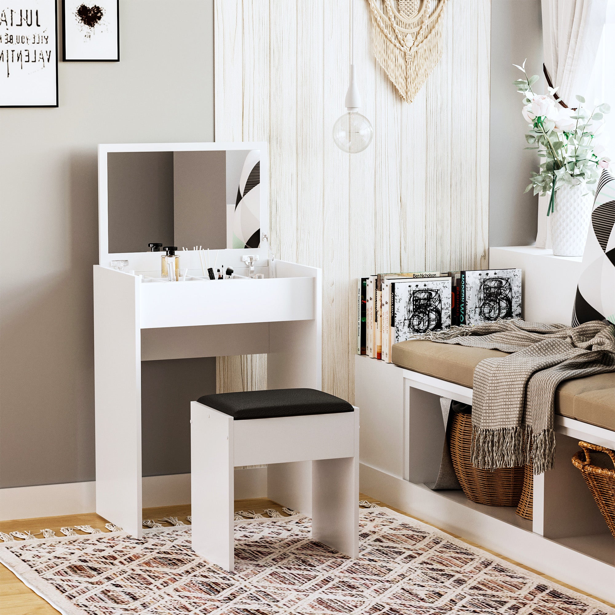 HOMCOM Dressing Table with Mirror and Stool, Vanity Makeup Table with Flip Up Mirror, Vanity Desk with Storage Unit and Padded Seat, White - North Peak Garden Furniture