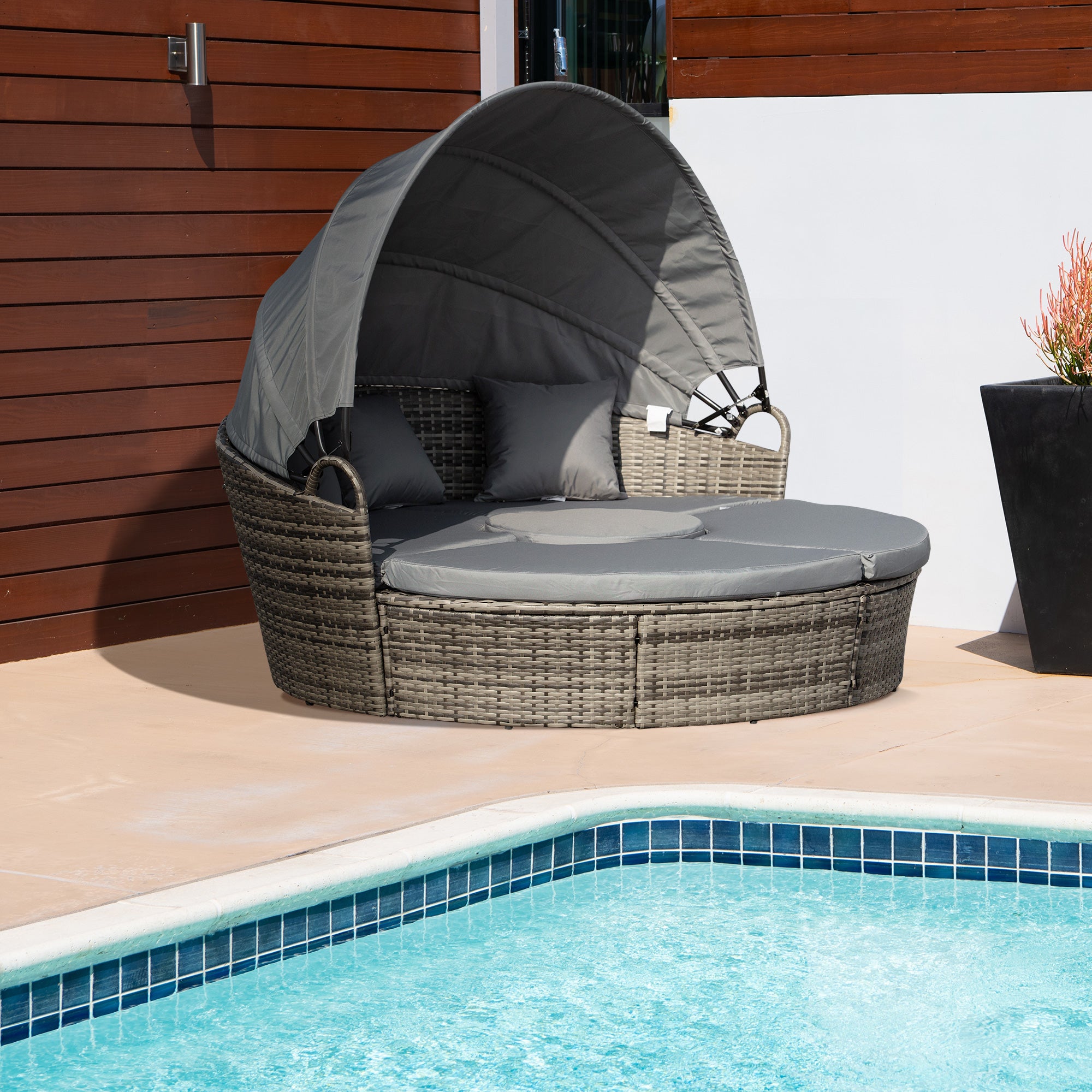 Outsunny Outdoor PE Rattan Garden Furniture with Cushioned, Patio Wicker Conversation Furniture Set, Round Daybed with Retractable Canopy, Coffee Table and Three Pillows, Dark Grey - North Peak Garden Furniture