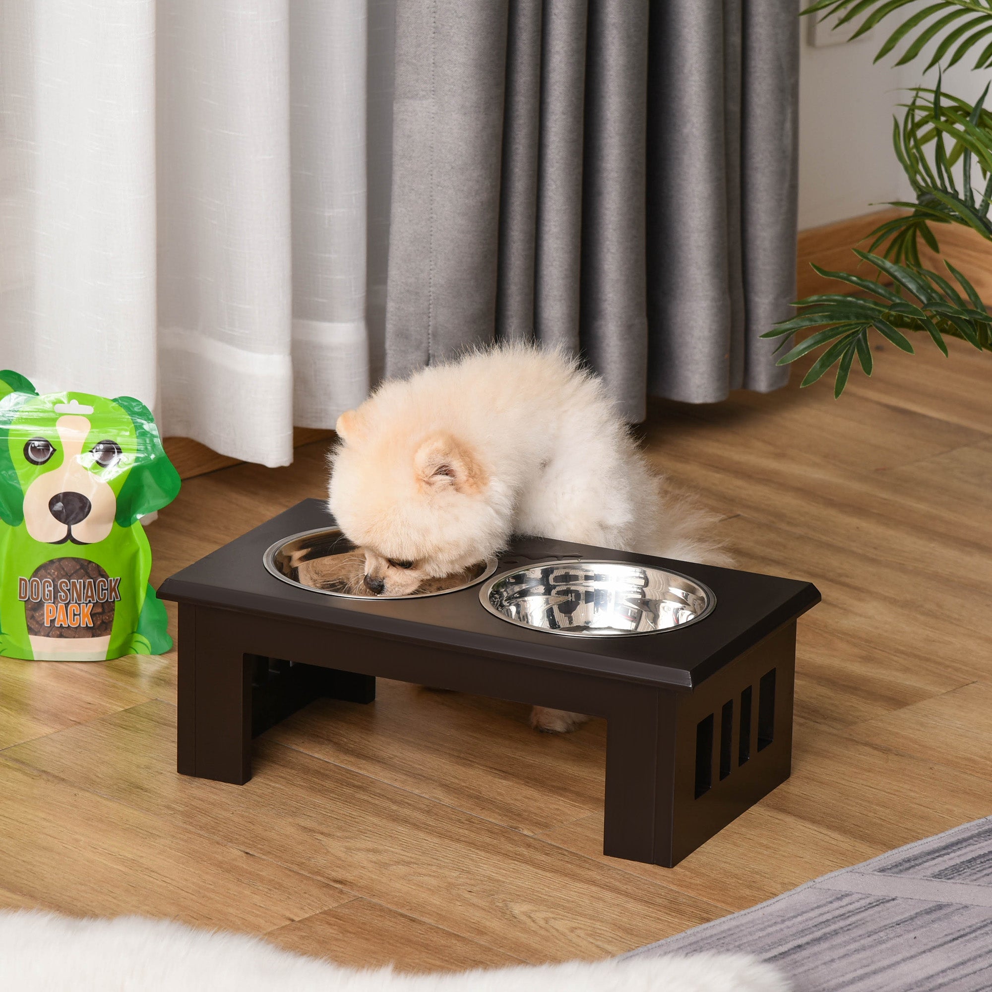 PawHut Raised Dog Feeding Bowls with Stand, Stainless Steel for Small and Medium Dog, 58L x 31W x 25H cm - Brown - North Peak Garden Furniture