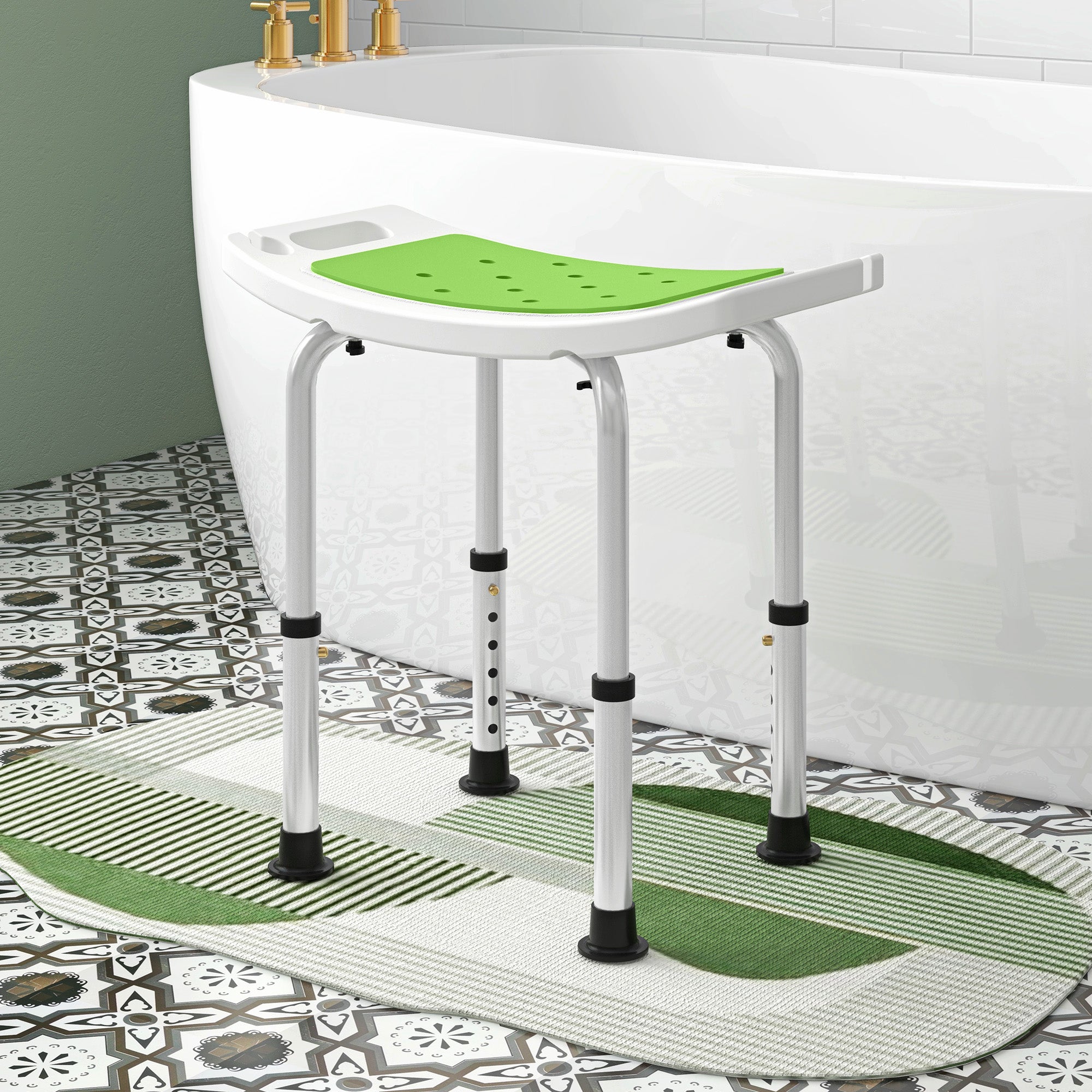 HOMCOM 6-Level Height Adjustable Aluminium Bath Room Stool Chair Shower Non-Slip Design w/ Padded Seat Drainage Holes Foot Pad, Green - North Peak Garden Furniture
