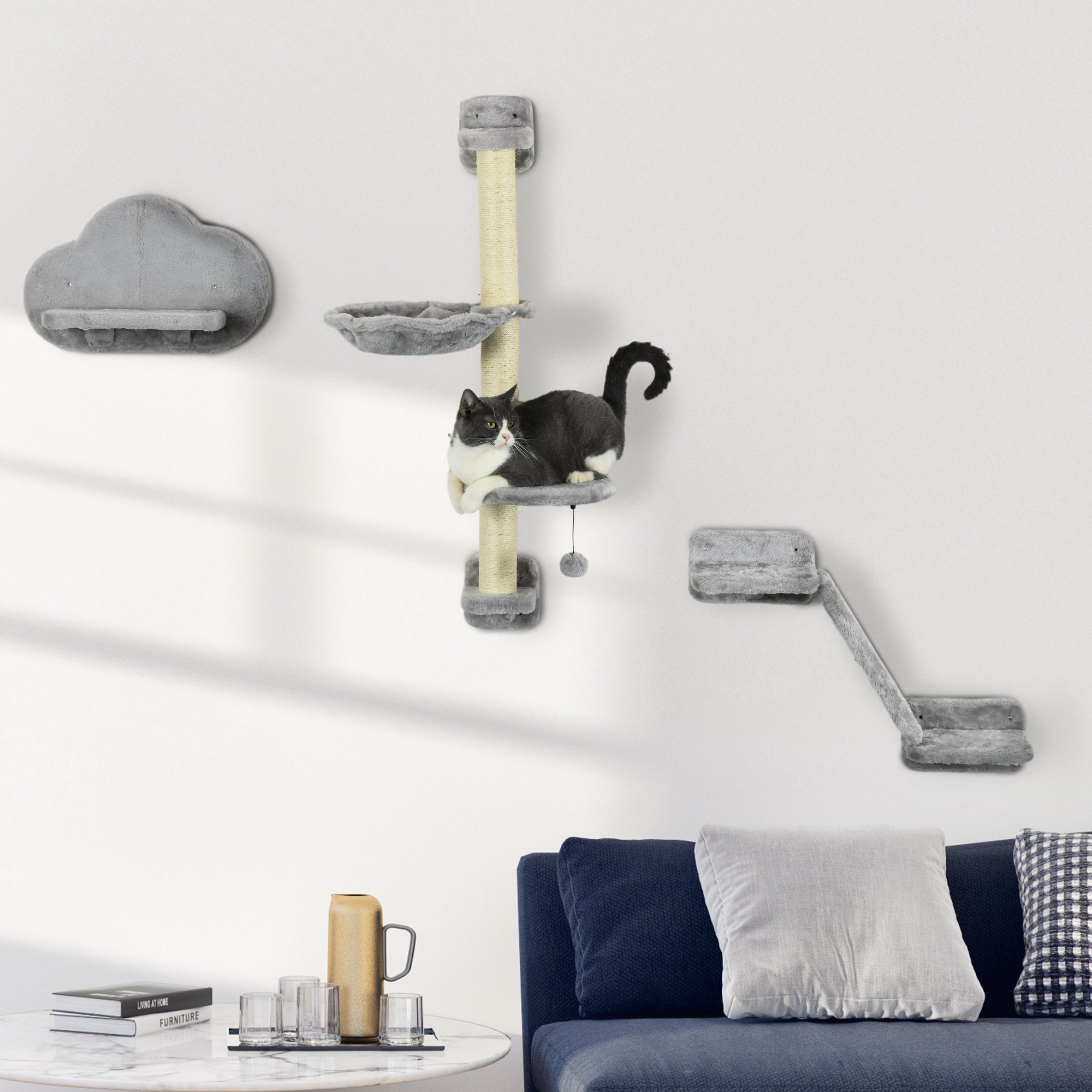 PawHut Three-Piece Wall-Mounted Cat Shelves, with Hammock, Ladder, Platforms, Scratching Post - Grey - North Peak Garden Furniture