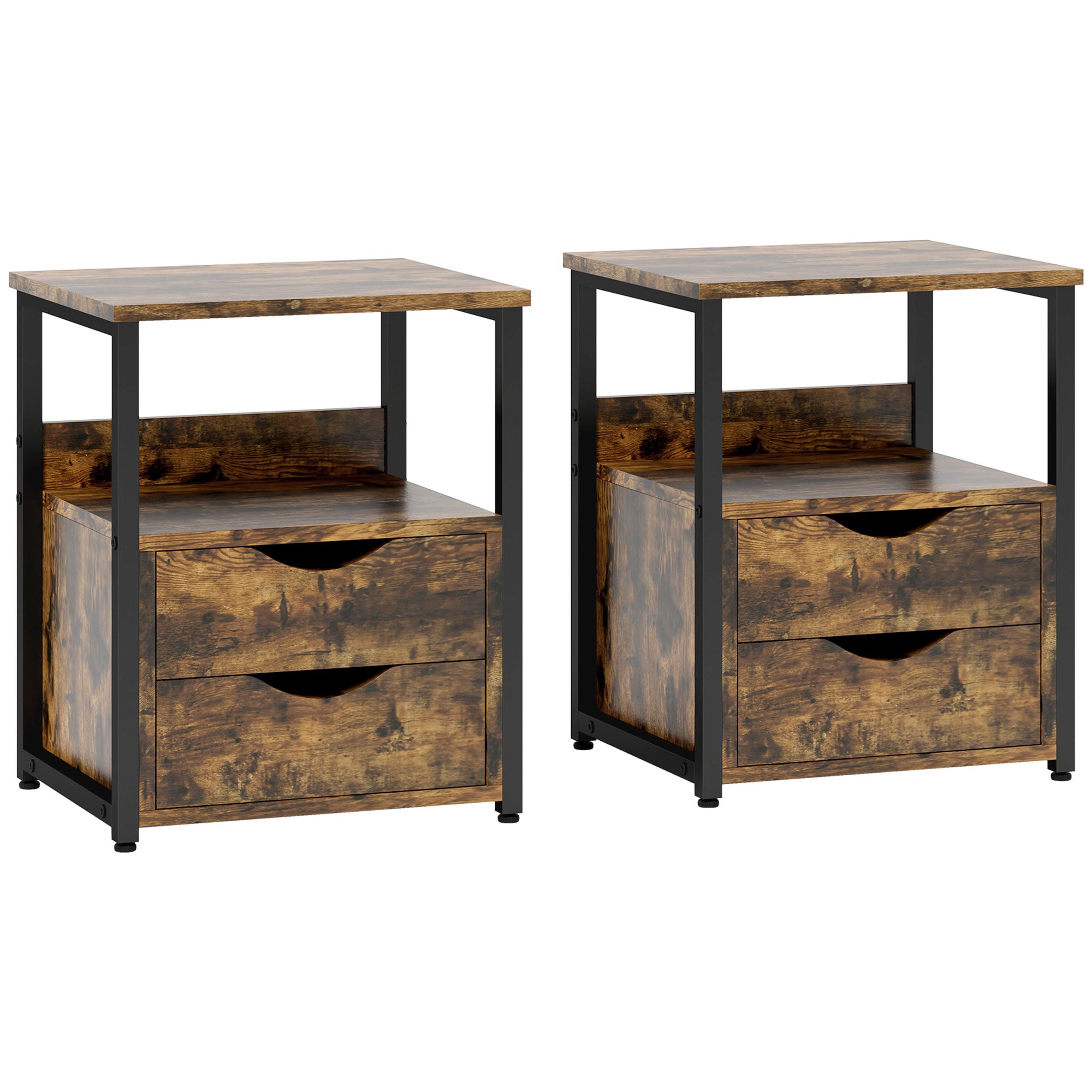 HOMCOM Industrial Side Table Set of 2, Sofa Table with Drawer, Bedside Cabinet with Storage Shelf, Slim Nightstand for Living Room, Bedroom, Rustic Brown - North Peak Garden Furniture