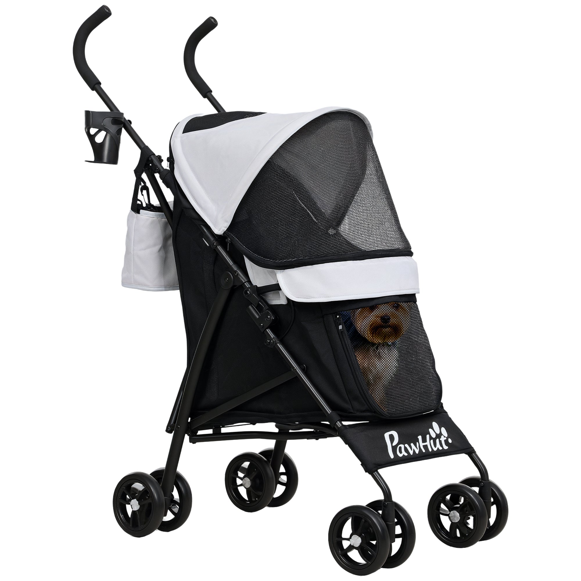 PawHut Umbrella Structure Dog Stroller, Lightweight & Portable Dog Pram w/ Shoulder Strap, Storage Bag & Cup Holder, Light Grey - North Peak Garden Furniture