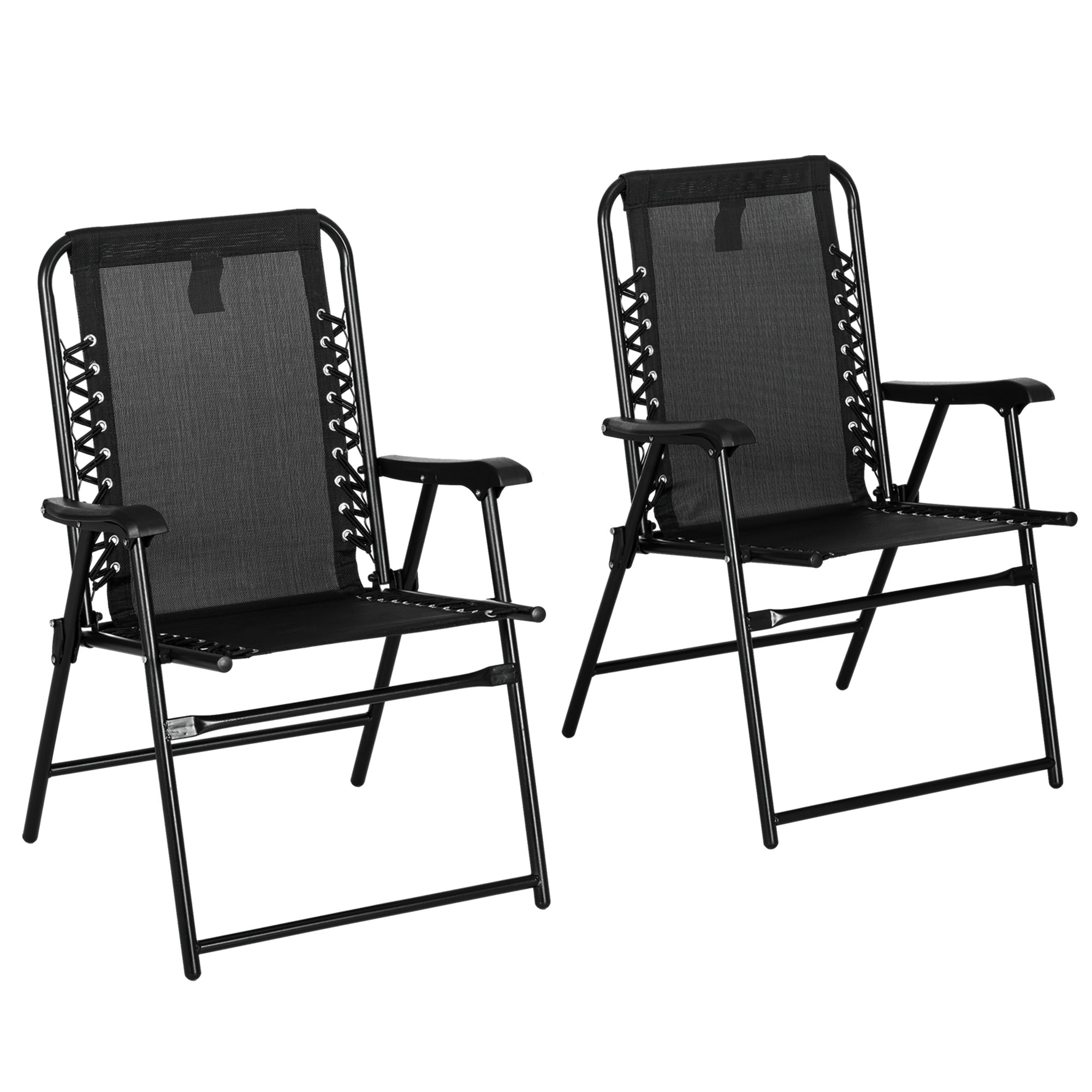 Outsunny 2 Pcs Patio Folding Chair Set, Outdoor Portable Loungers for Camping Pool Beach Deck, Lawn w/ Armrest Steel Frame Black - North Peak Garden Furniture