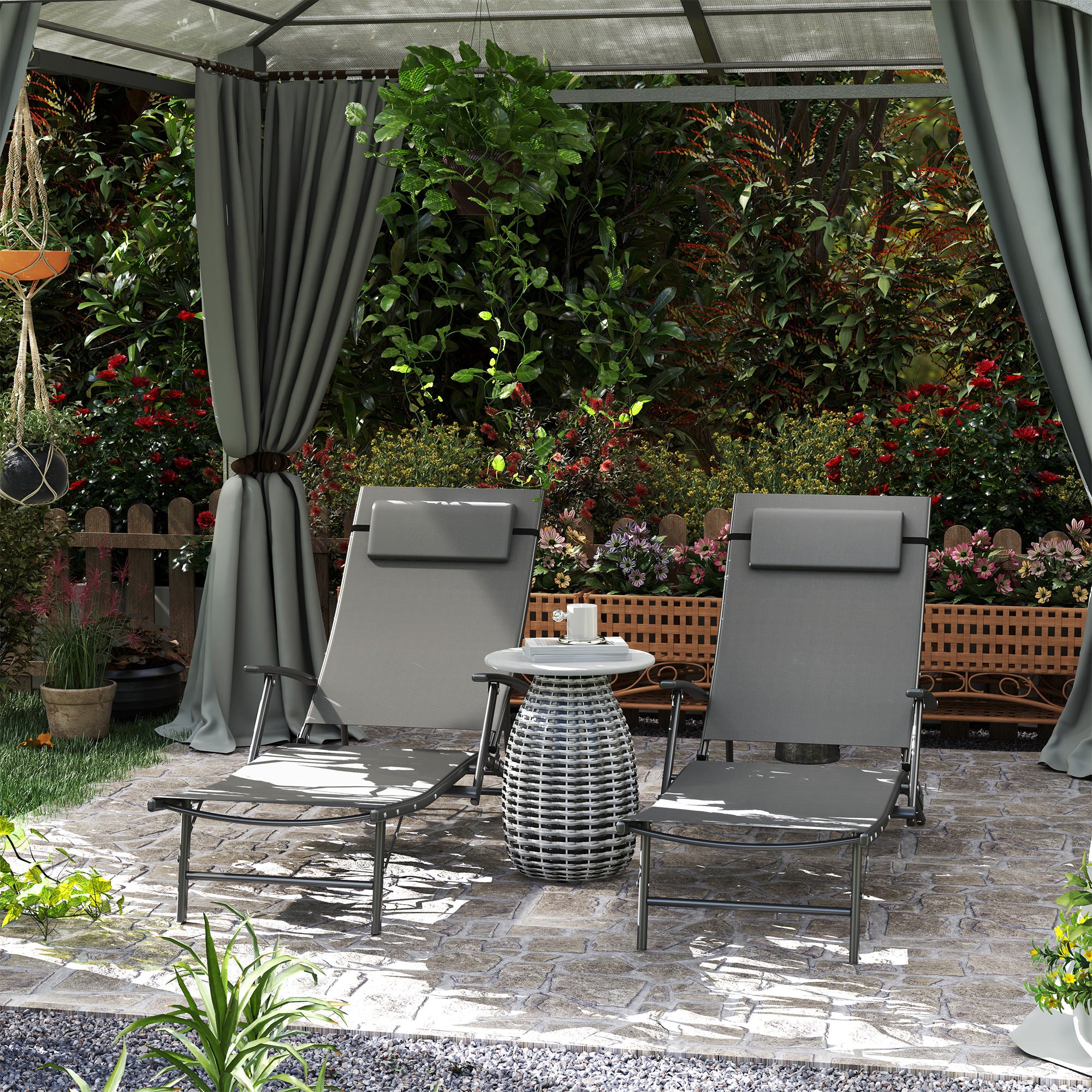 Outsunny Set of Two Adjustable Back Sun Loungers - Grey - North Peak Garden Furniture