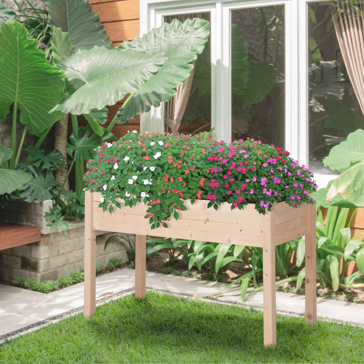 Outsunny Garden Wooden Planters, Non-Woven Fabric, Rectangular Raised Bed,Fir Wood,Indoor/Outdoor, 122.5Lx56.5Wx76H cm