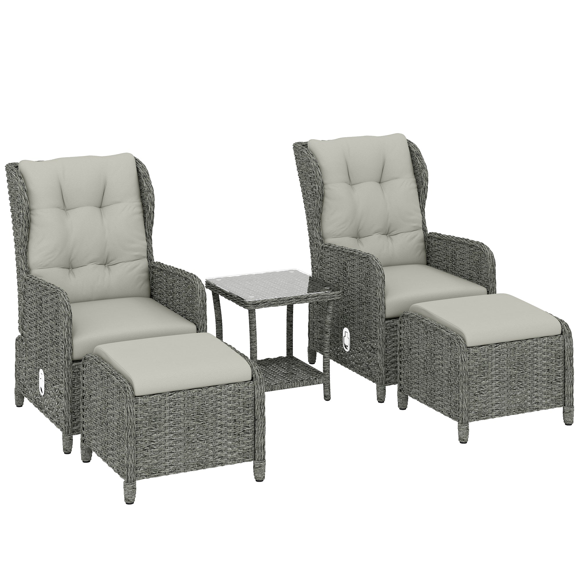 Outsunny 5 Piece Garden Furniture Set, Rattan Reclining Garden Chair Set of 2 with Footstool and Cushion for Balcony, Cream