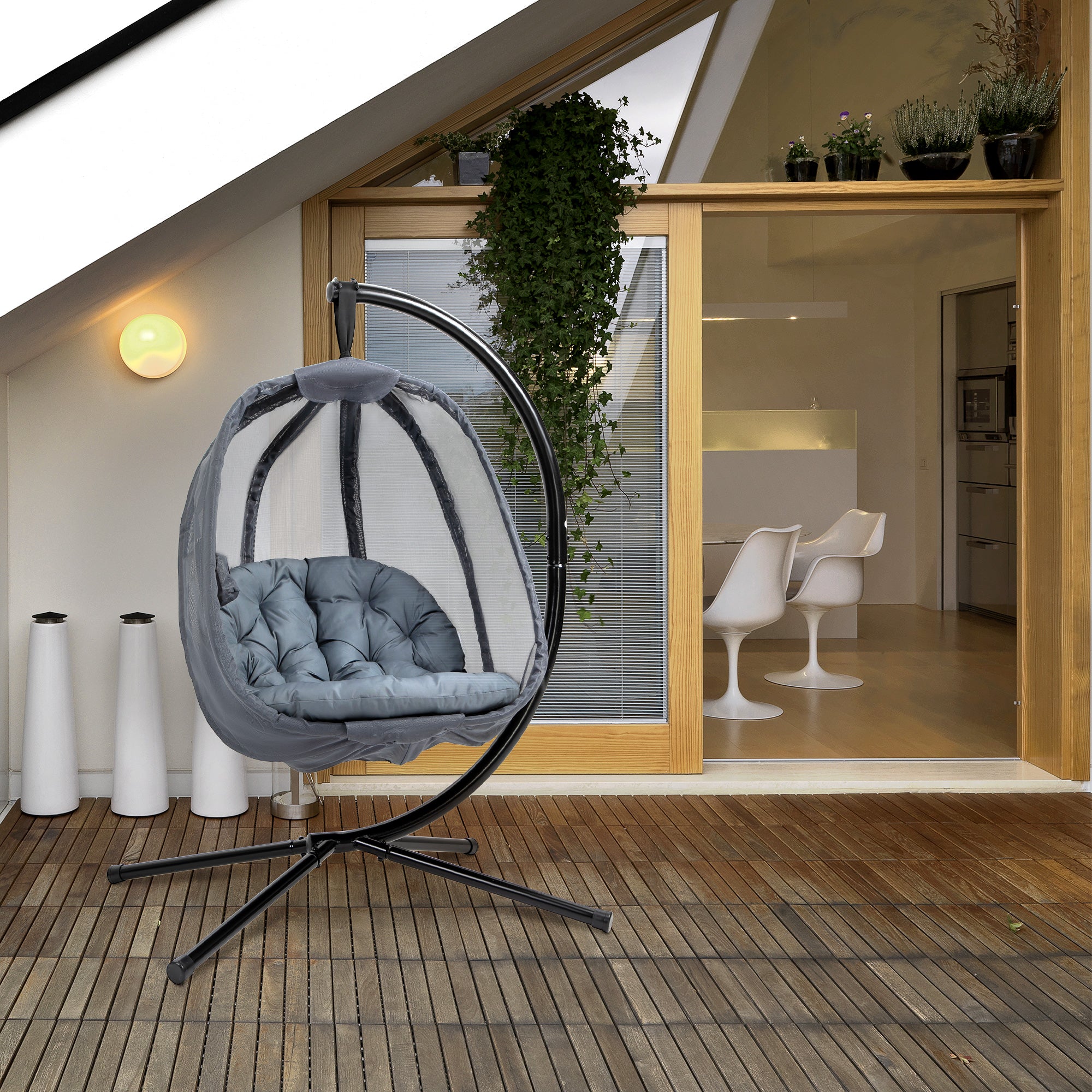 Outsunny Hanging Egg Chair, Folding Texteline Swing Hammock with Side Pocket, Cushion and Stand for Indoor Outdoor, Patio Garden Furniture, Grey - North Peak Garden Furniture