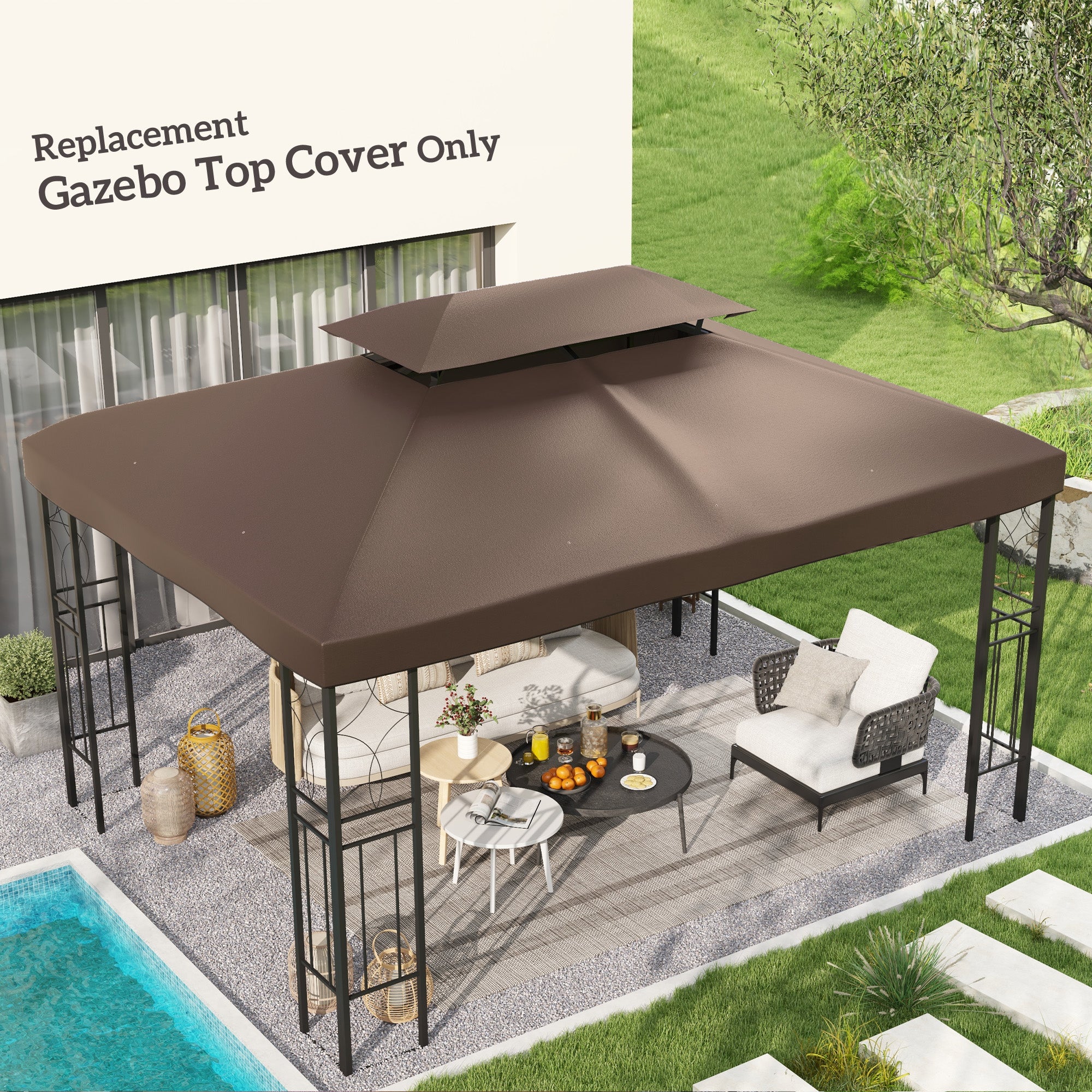 Outsunny 3x4m Gazebo Canopy Replacement Cover, 2 Tier Top Roof UV Cover Garden Patio Outdoor Sun Awning Shelters, Brown (TOP COVER ONLY) - North Peak Garden Furniture