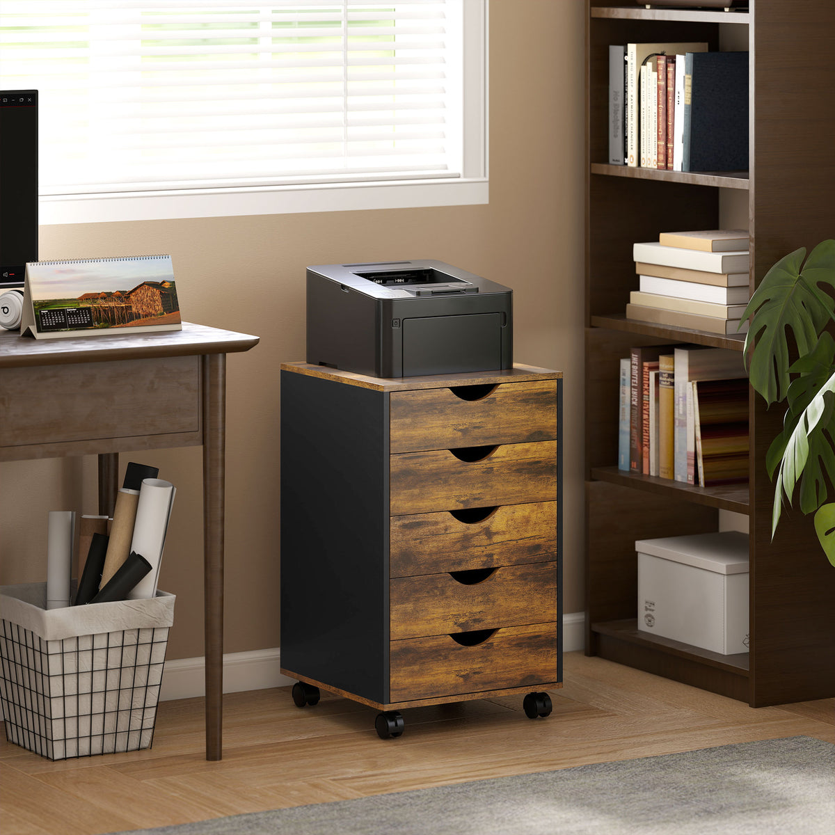 HOMCOM Five-Drawer Filing Cabinet - Rustic Brown
