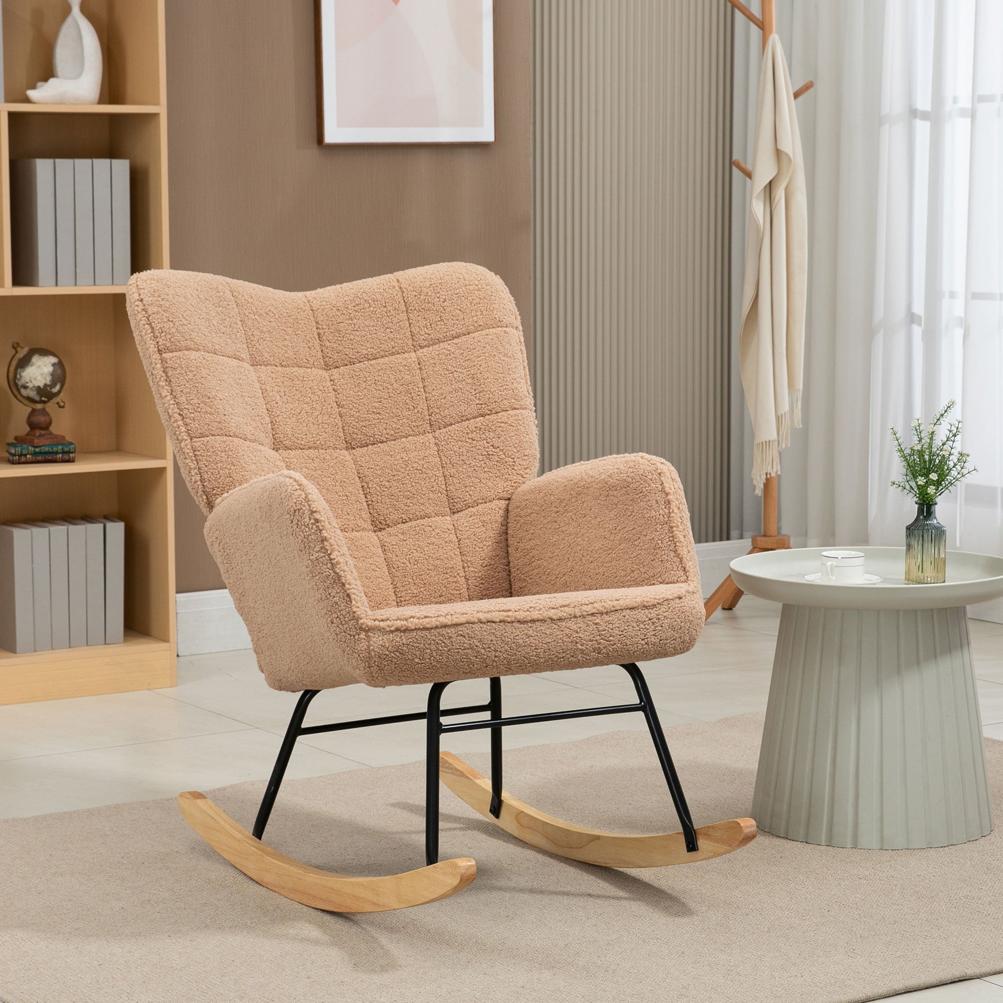 HOMCOM Soft Fleecey Rocking Wingback Chair - Light Brown - North Peak Garden Furniture