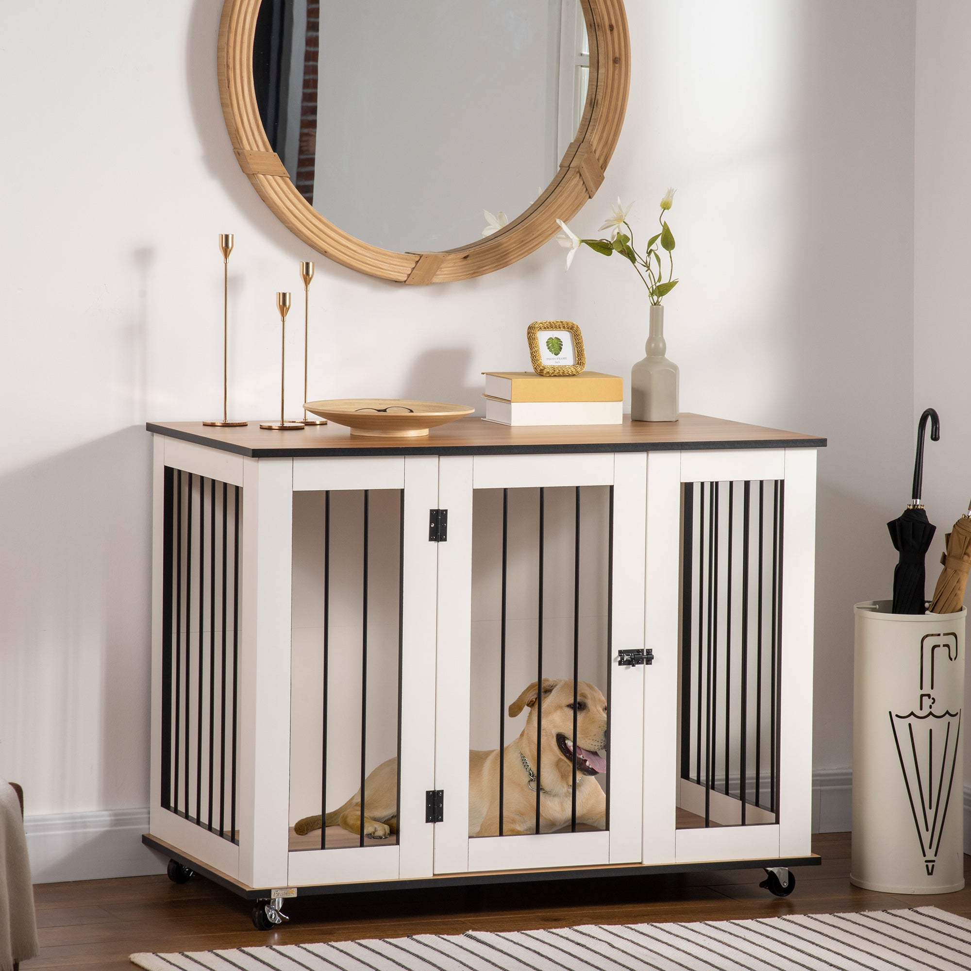 PawHut Dog Crate Furniture, Dog Cage End Table with Wheels, Lockable Door, for Medium Dogs, 106 x 60 x 82 cm - White - North Peak Garden Furniture