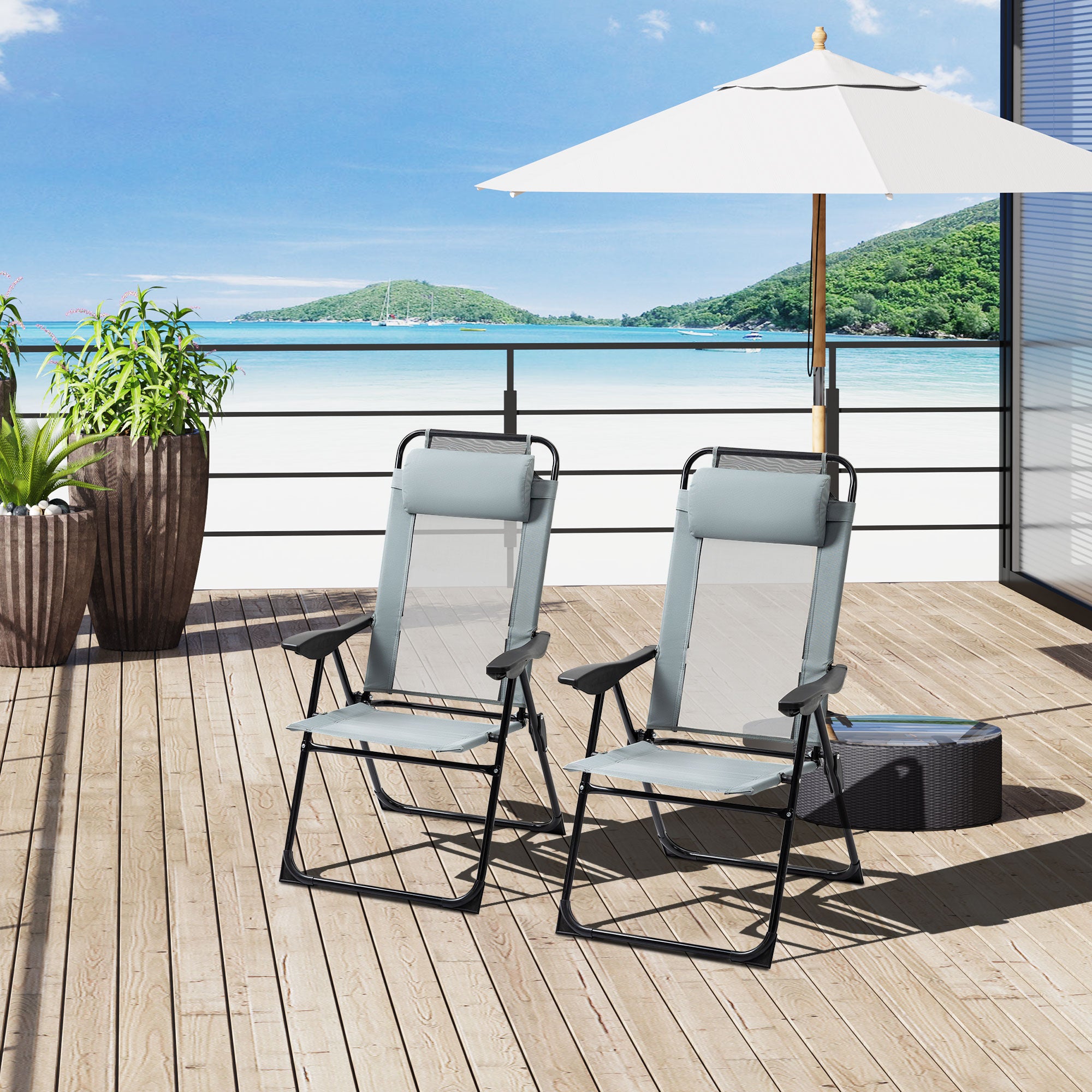 Outsunny Set of 2 Portable Folding Recliner Outdoor Patio Adjustable Backrest, Grey - North Peak Garden Furniture