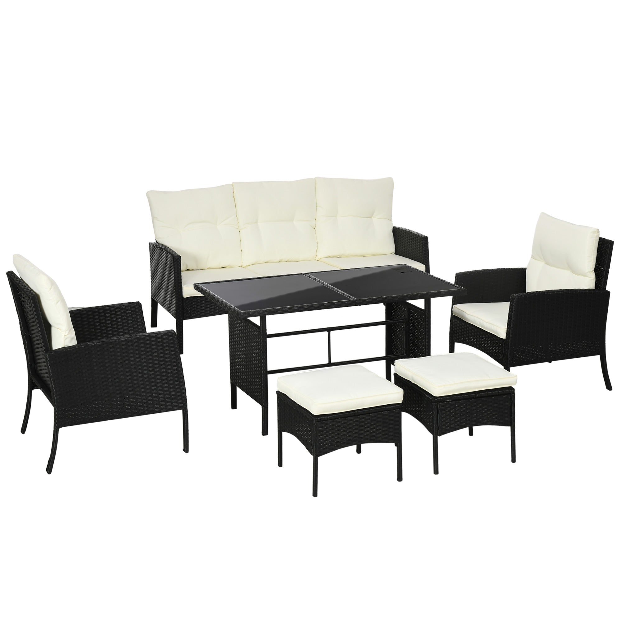 Outsunny 5 Seater Rattan Garden Furniture Set, 2 Armchairs, 3-seater Wicker Sofa, 2 Footstools and Glass Table, 6 Piece Patio Rattan furniture Sofa Sets with Cushions for Conservatory, White