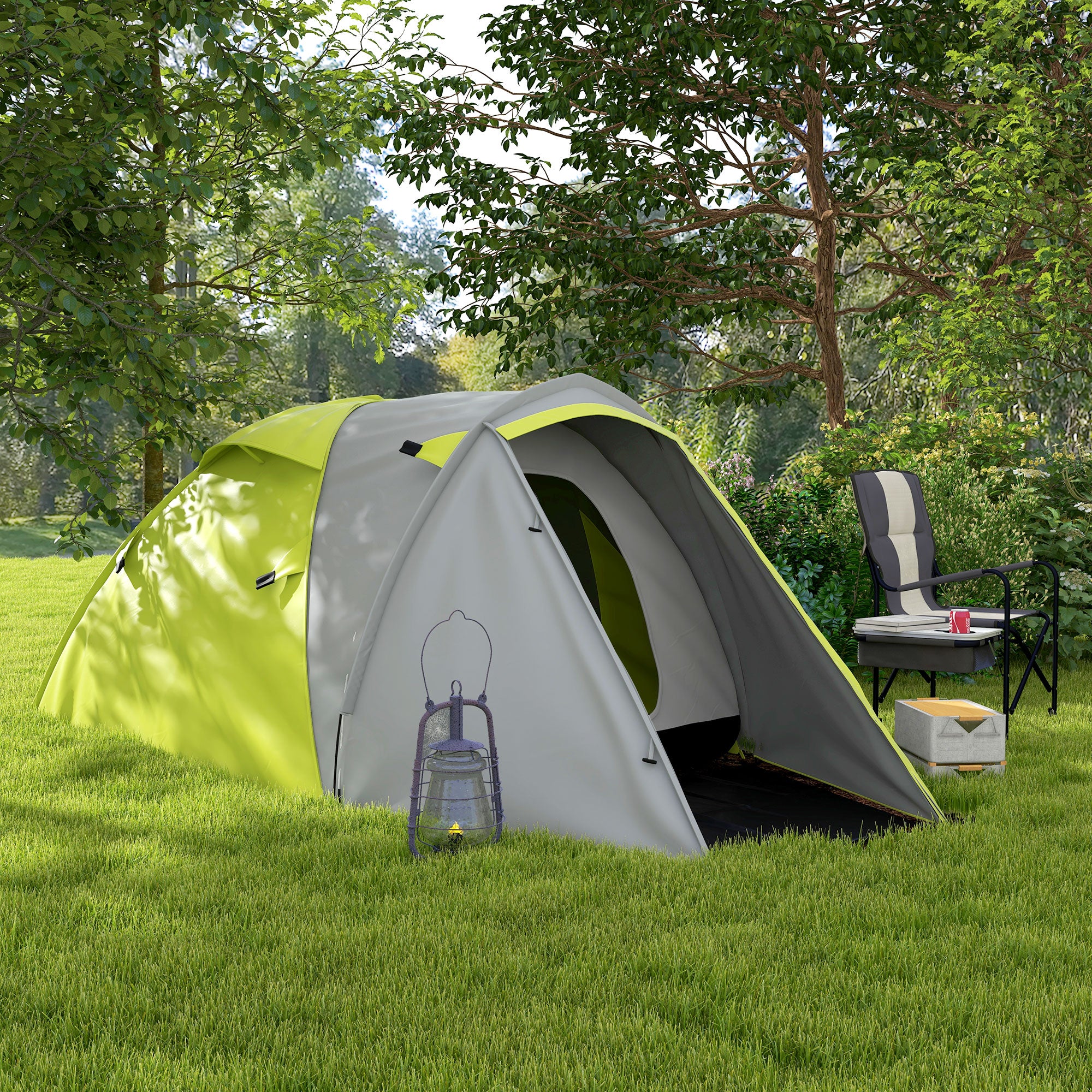 Outsunny Two-Man Dome Tent, with Front Porch and Accessories - Yellow/Grey - North Peak Garden Furniture