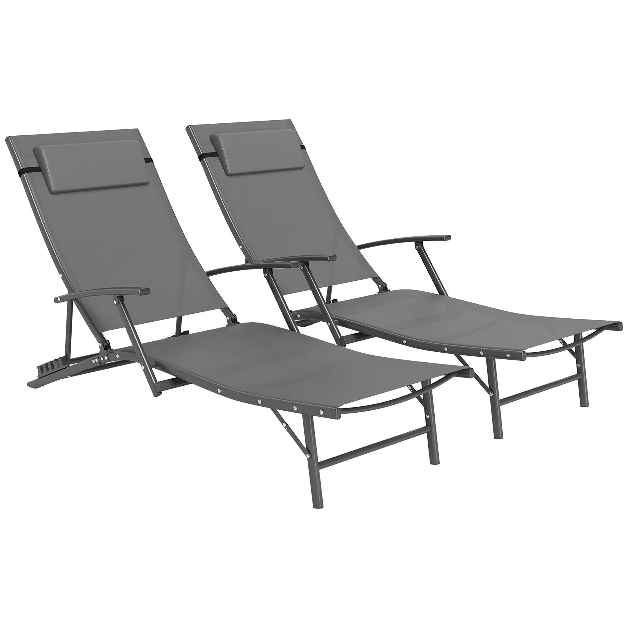 Outsunny Set of Two Adjustable Back Sun Loungers - Grey - North Peak Garden Furniture