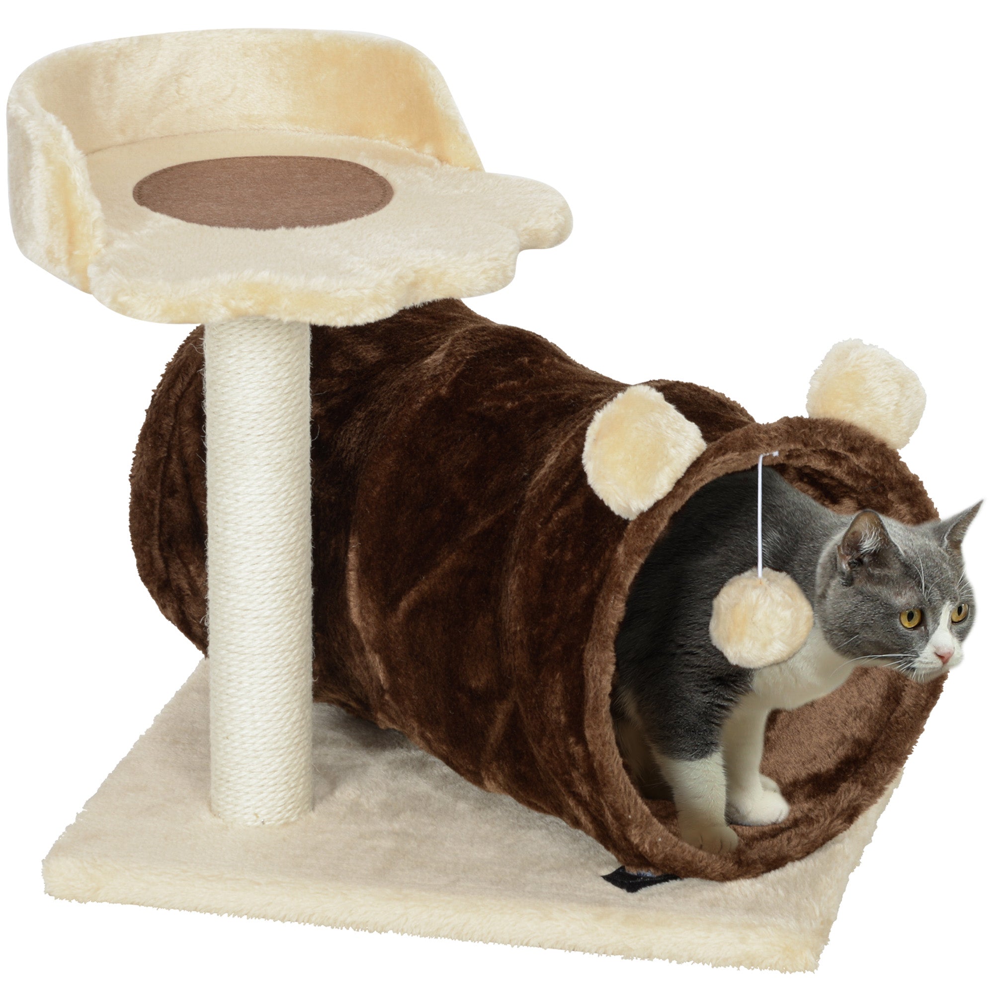 PawHut 47cm Small Cat Tree w/ Scratching Post, Bed, Cat Tunnel, Toy Ball, Dark Brown - North Peak Garden Furniture